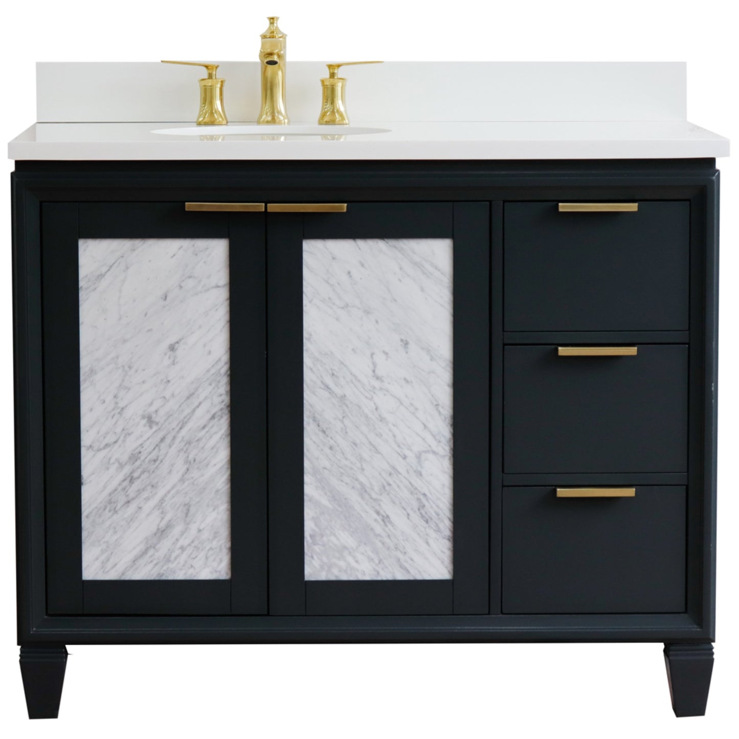 43" Single vanity in Dark Gray finish with White engineered stone and oval sink Left door/Left sink