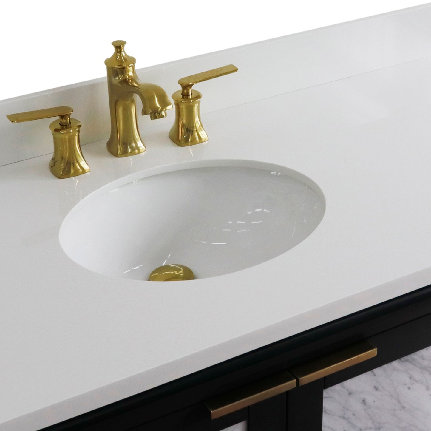 43" Single vanity in Dark Gray finish with White engineered stone and oval sink Left door/Left sink