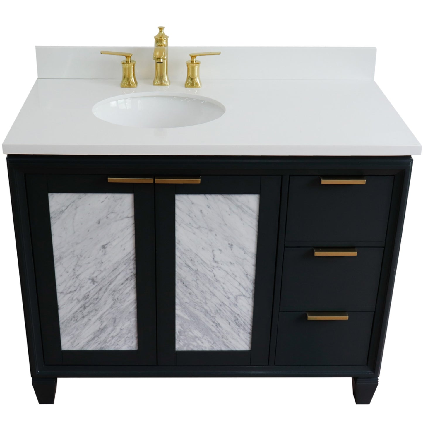 43" Single vanity in Dark Gray finish with White engineered stone and oval sink Left door/Left sink