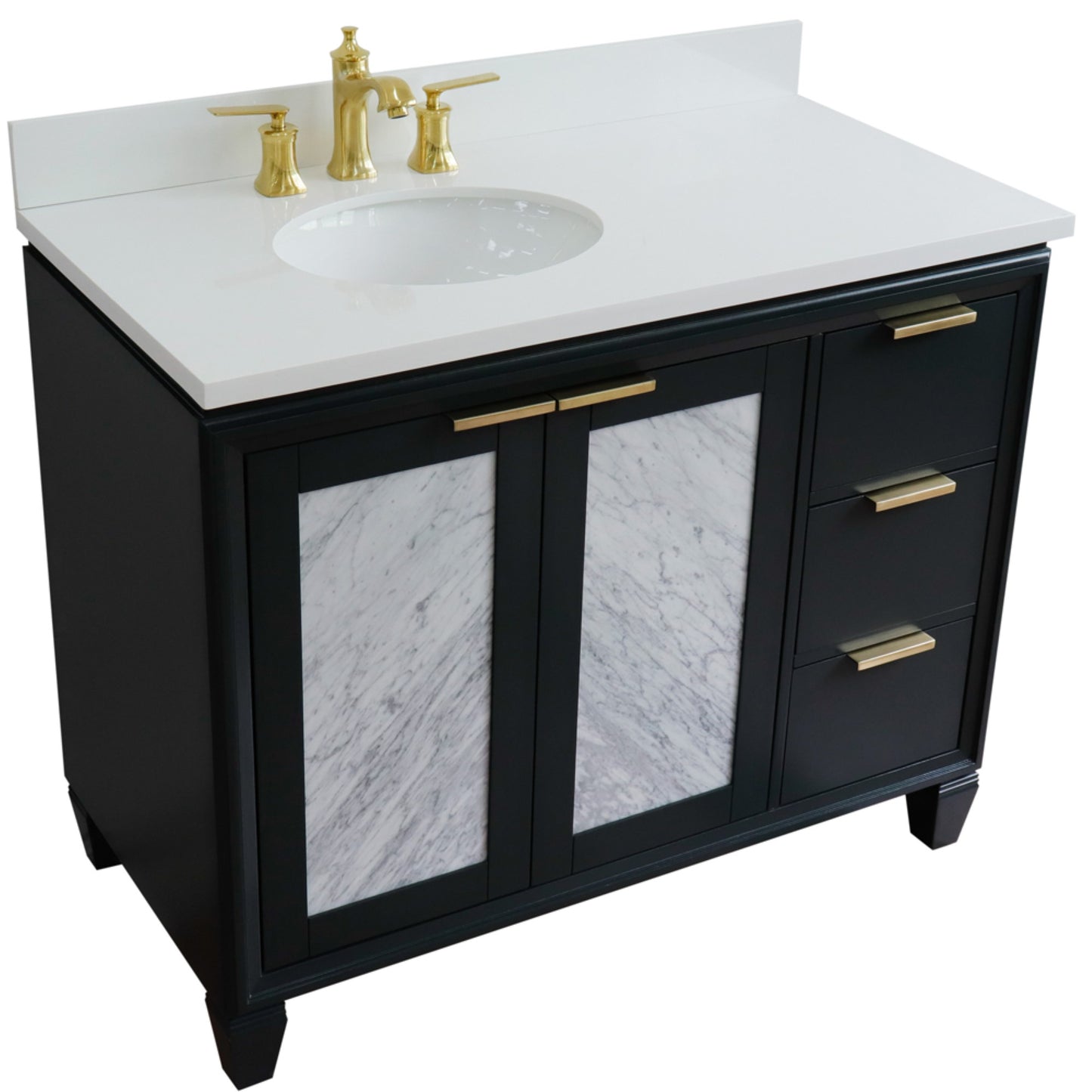 43" Single vanity in Dark Gray finish with White engineered stone and oval sink Left door/Left sink