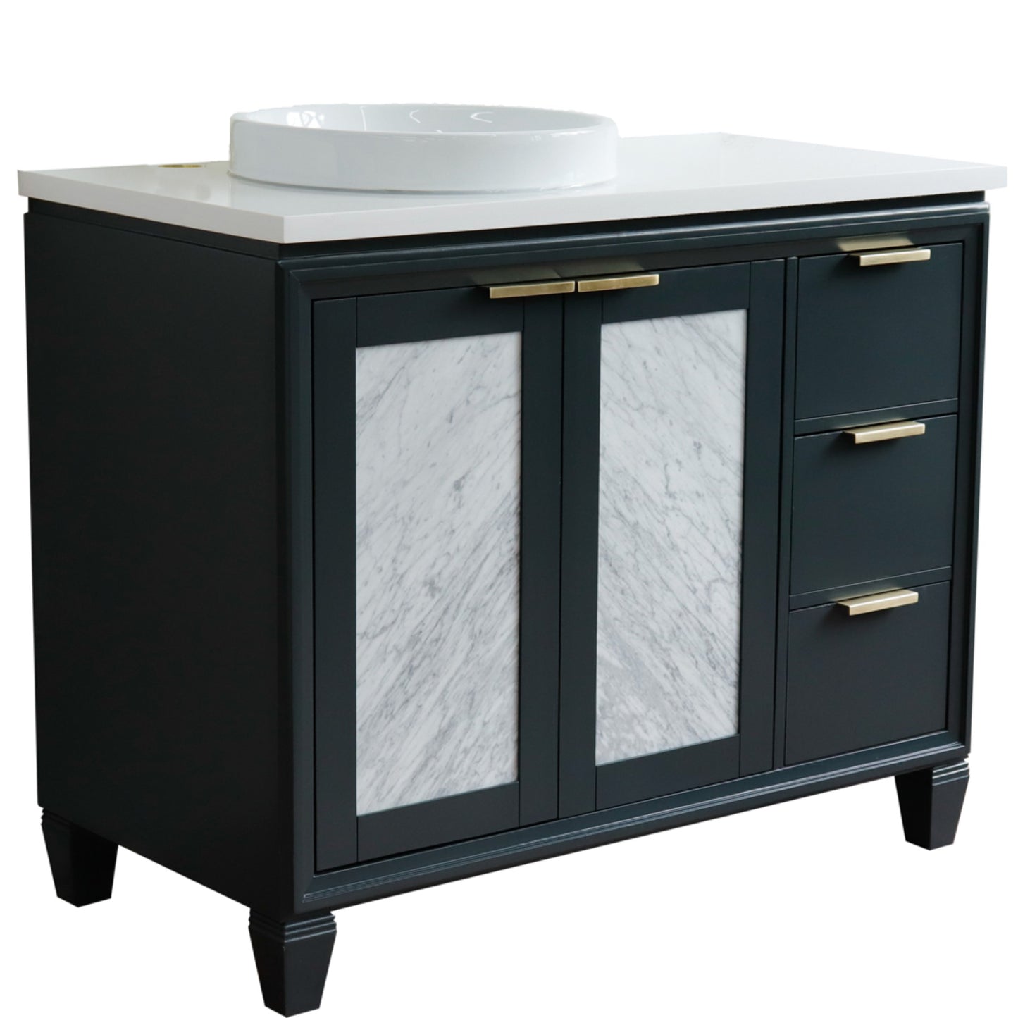 43" Single vanity in Dark Gray finish with White engineered stone and round sink Left door/Left sink