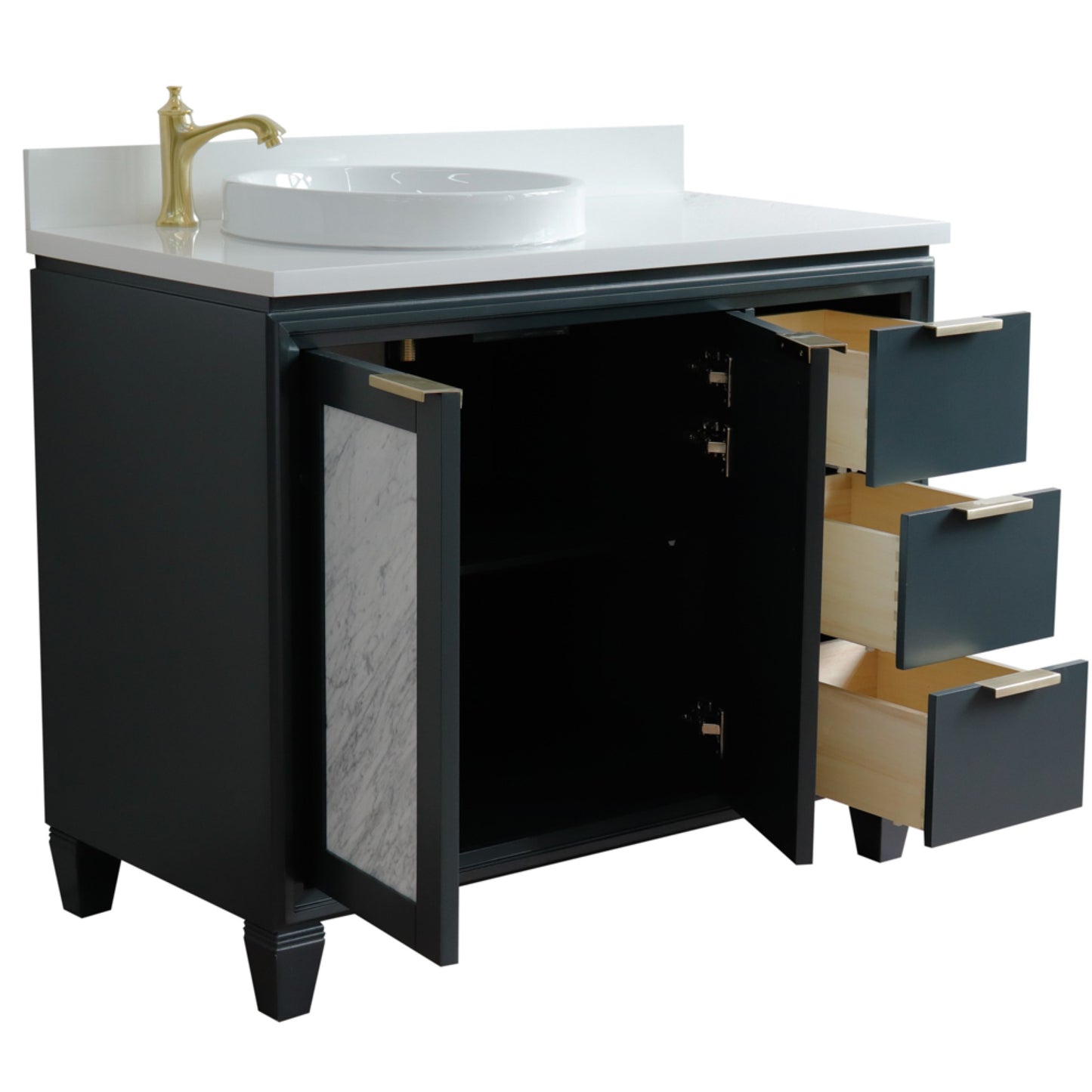 43" Single vanity in Dark Gray finish with White engineered stone and round sink Left door/Left sink