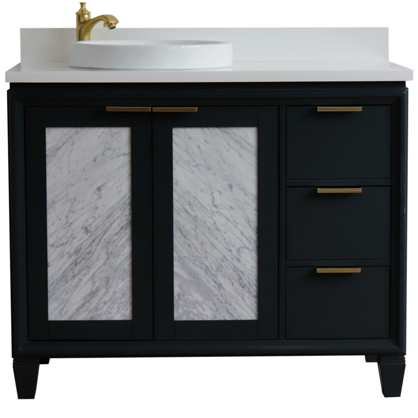 43" Single vanity in Dark Gray finish with White engineered stone and round sink Left door/Left sink
