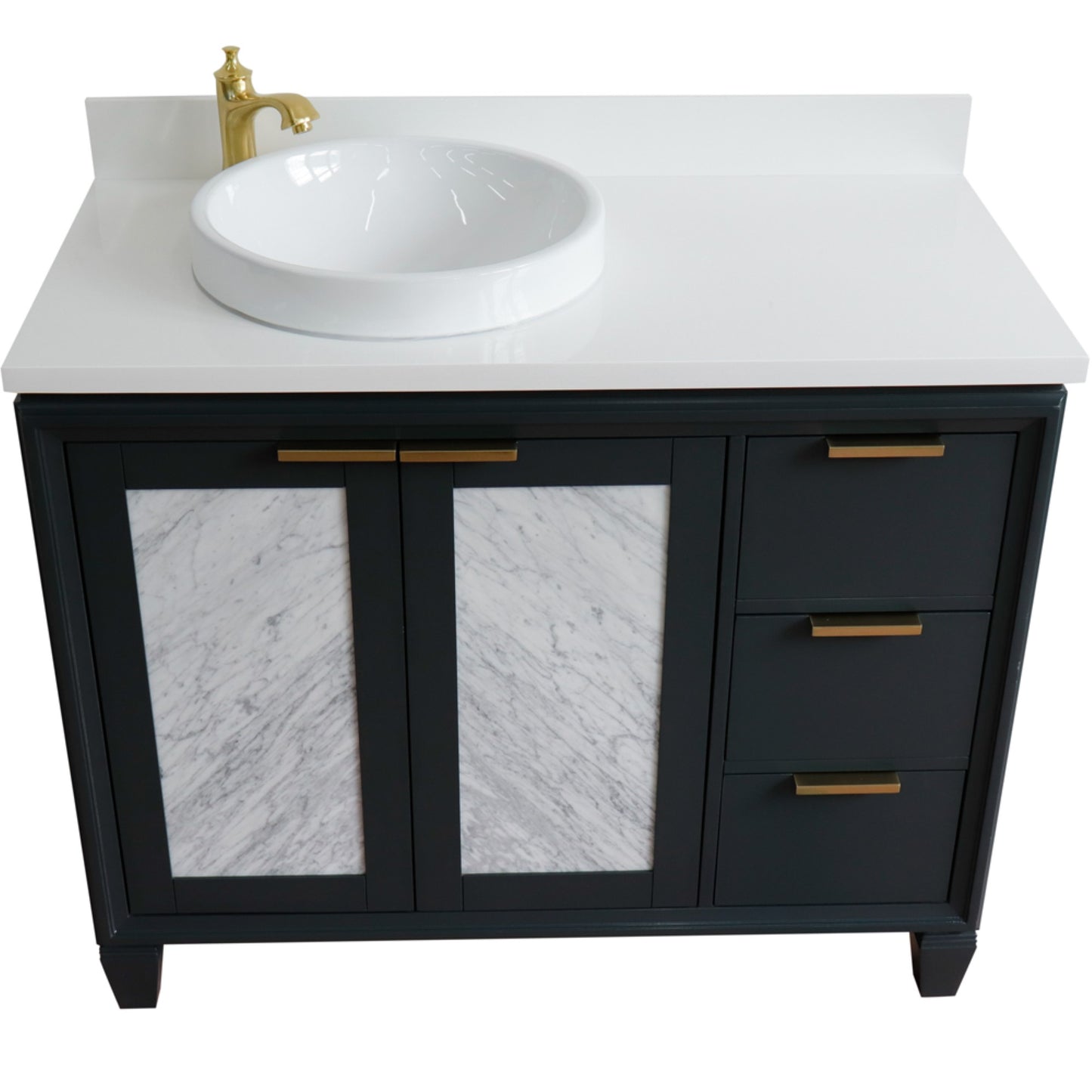 43" Single vanity in Dark Gray finish with White engineered stone and round sink Left door/Left sink