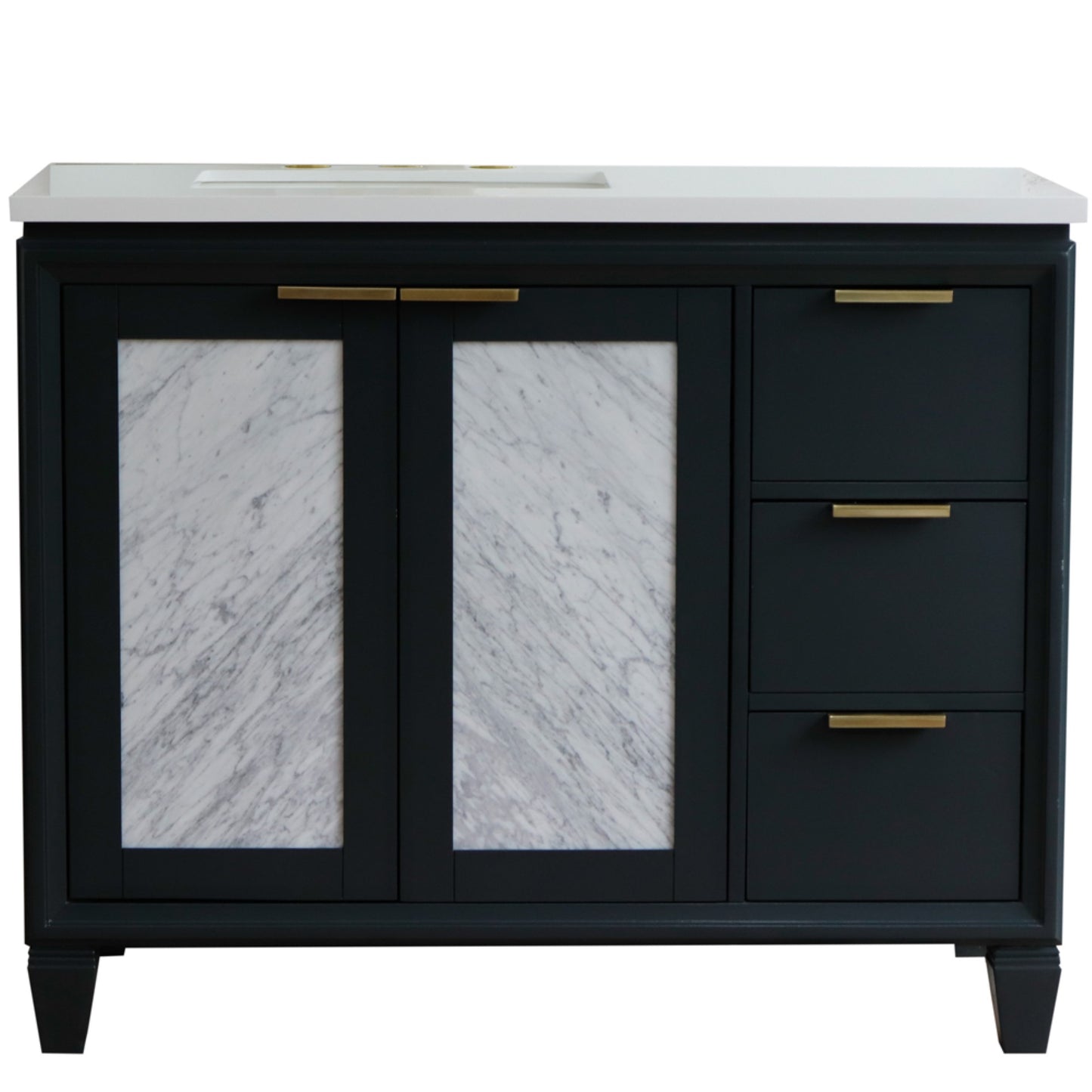 43" Single vanity in Dark Gray finish with White engineered stone and rectangle sink Left door/Left sink