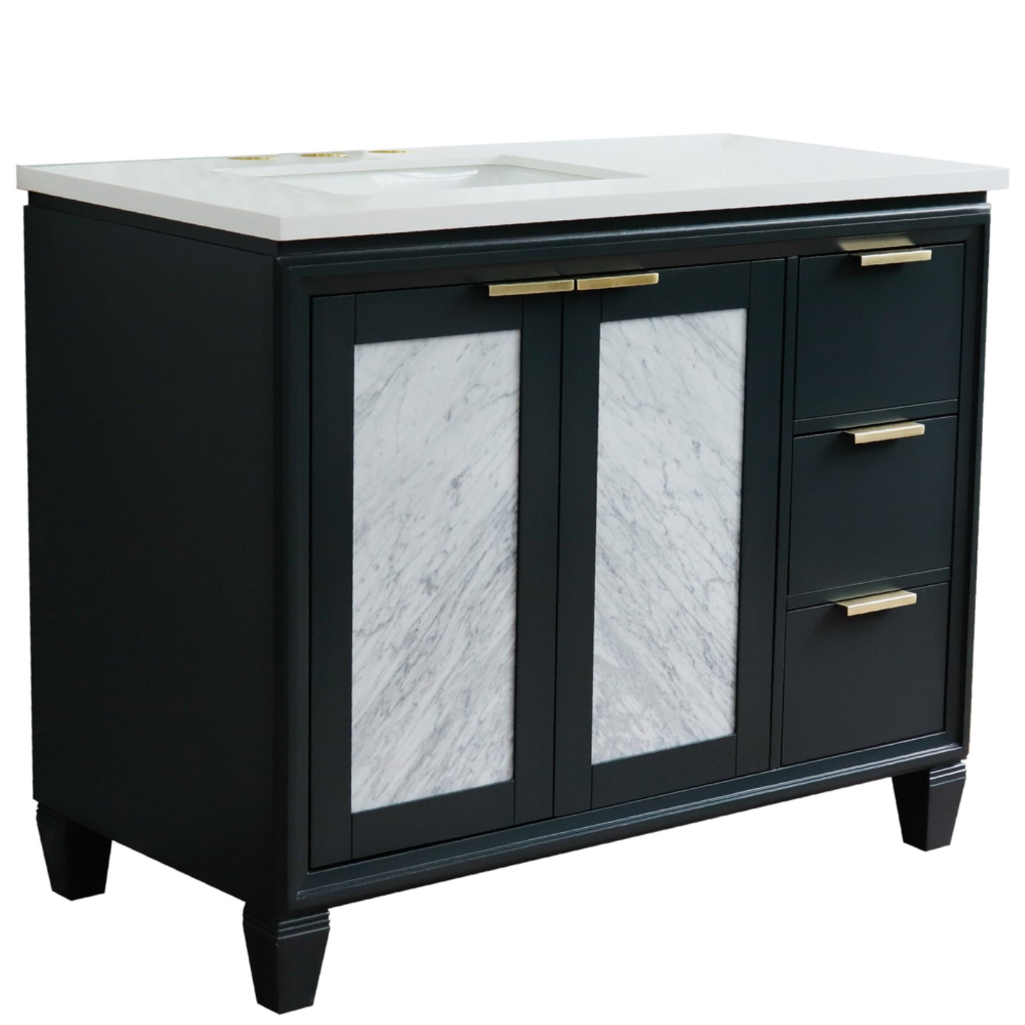 43" Single vanity in Dark Gray finish with White engineered stone and rectangle sink Left door/Left sink