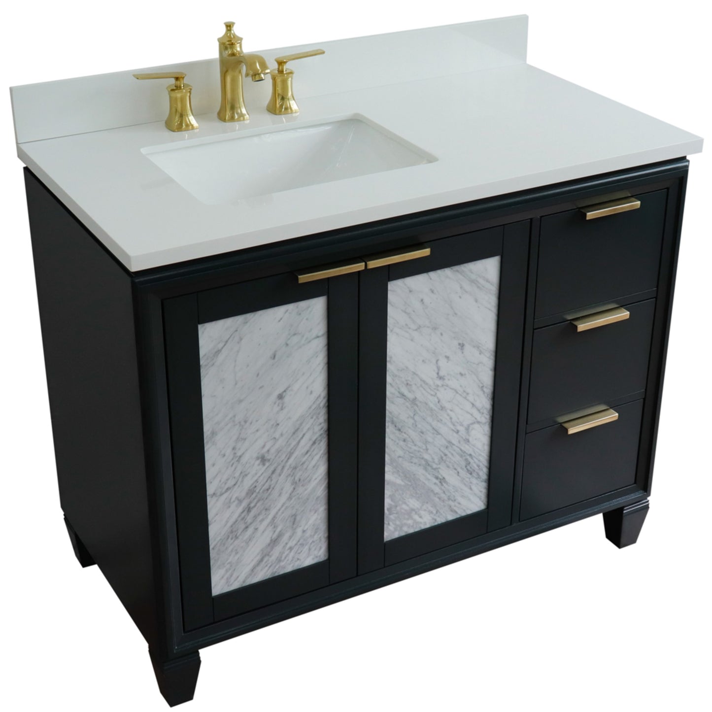 43" Single vanity in Dark Gray finish with White engineered stone and rectangle sink Left door/Left sink
