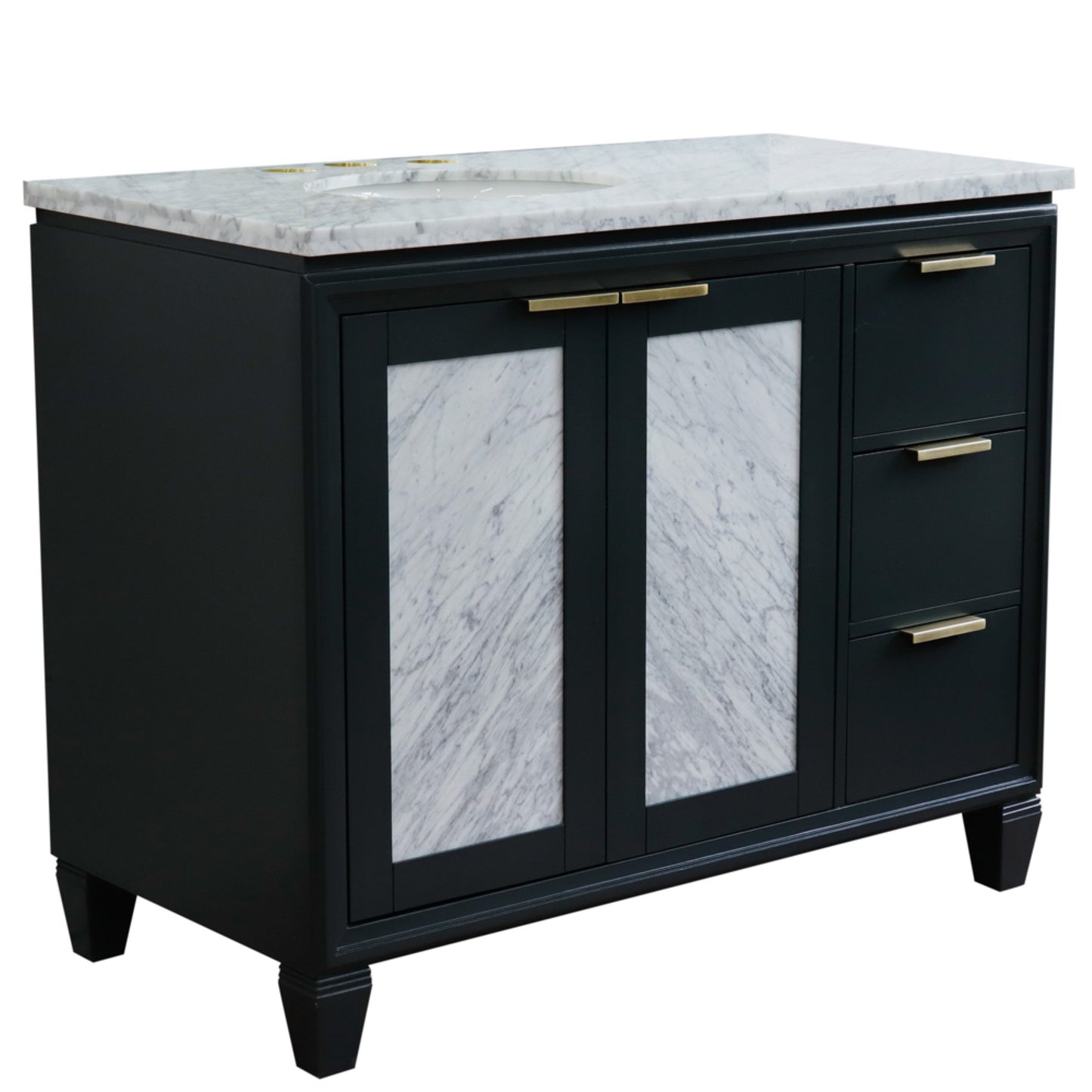 43" Single vanity in Dark Gray finish with White Carrara and oval sink Left door/Left sink