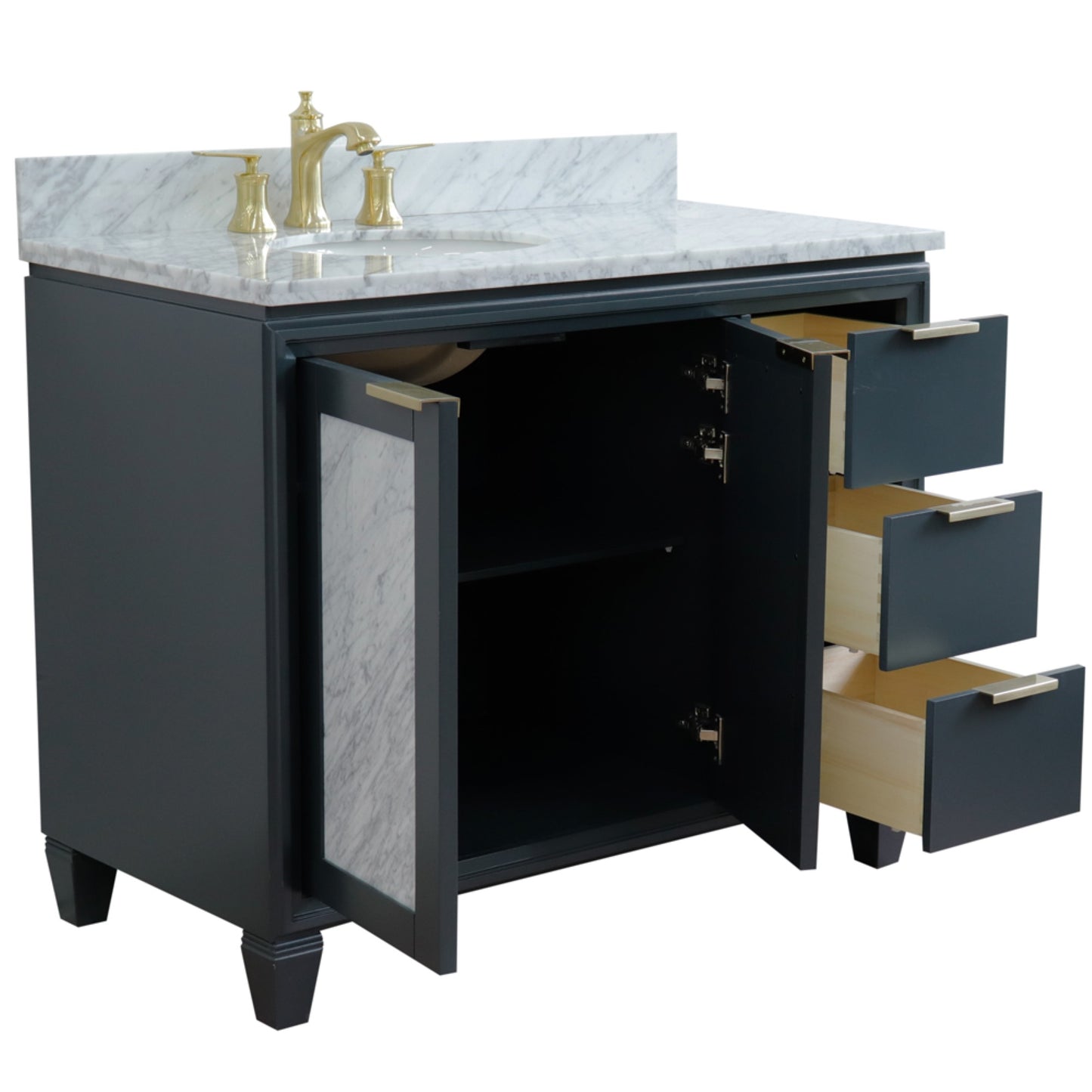 43" Single vanity in Dark Gray finish with White Carrara and oval sink Left door/Left sink