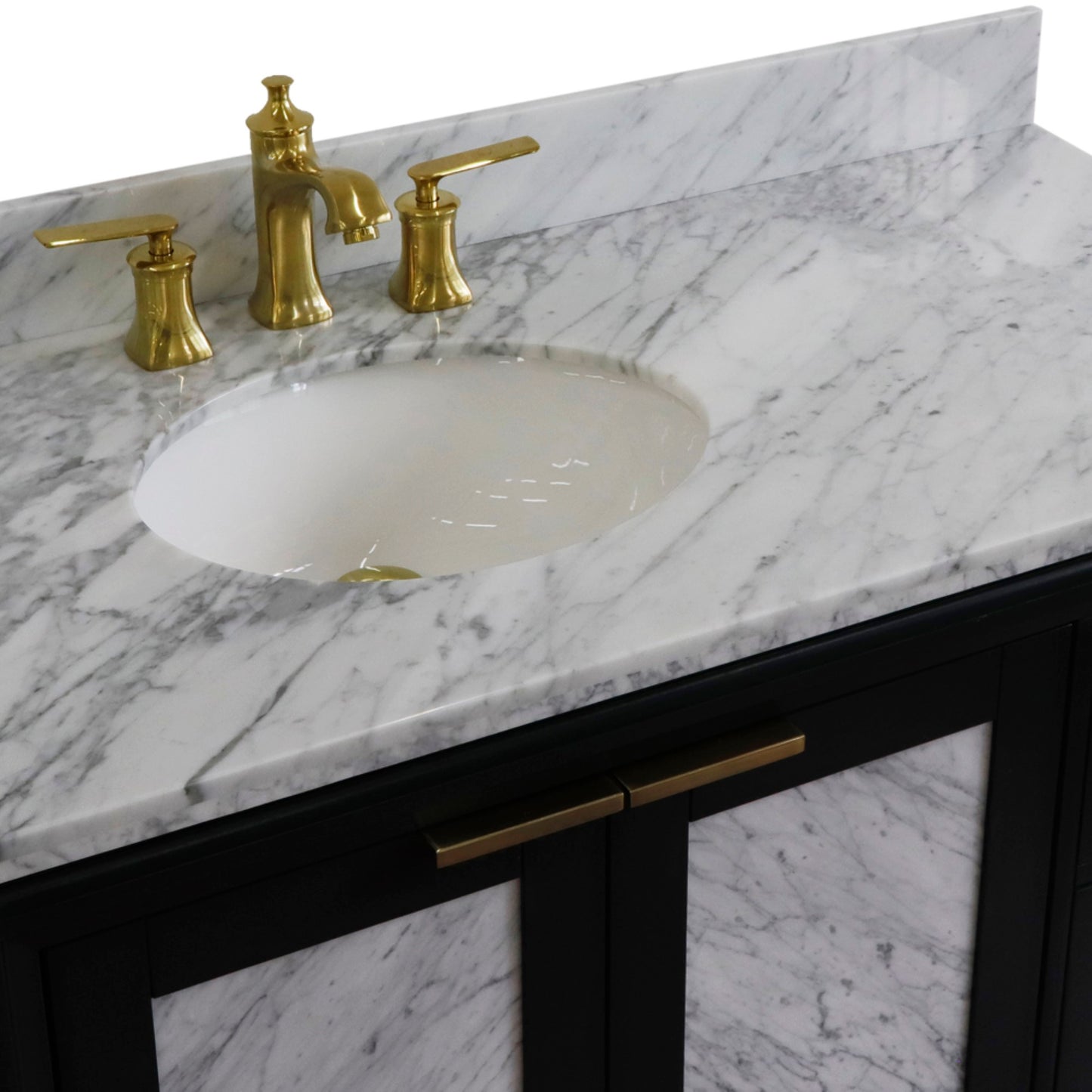 43" Single vanity in Dark Gray finish with White Carrara and oval sink Left door/Left sink