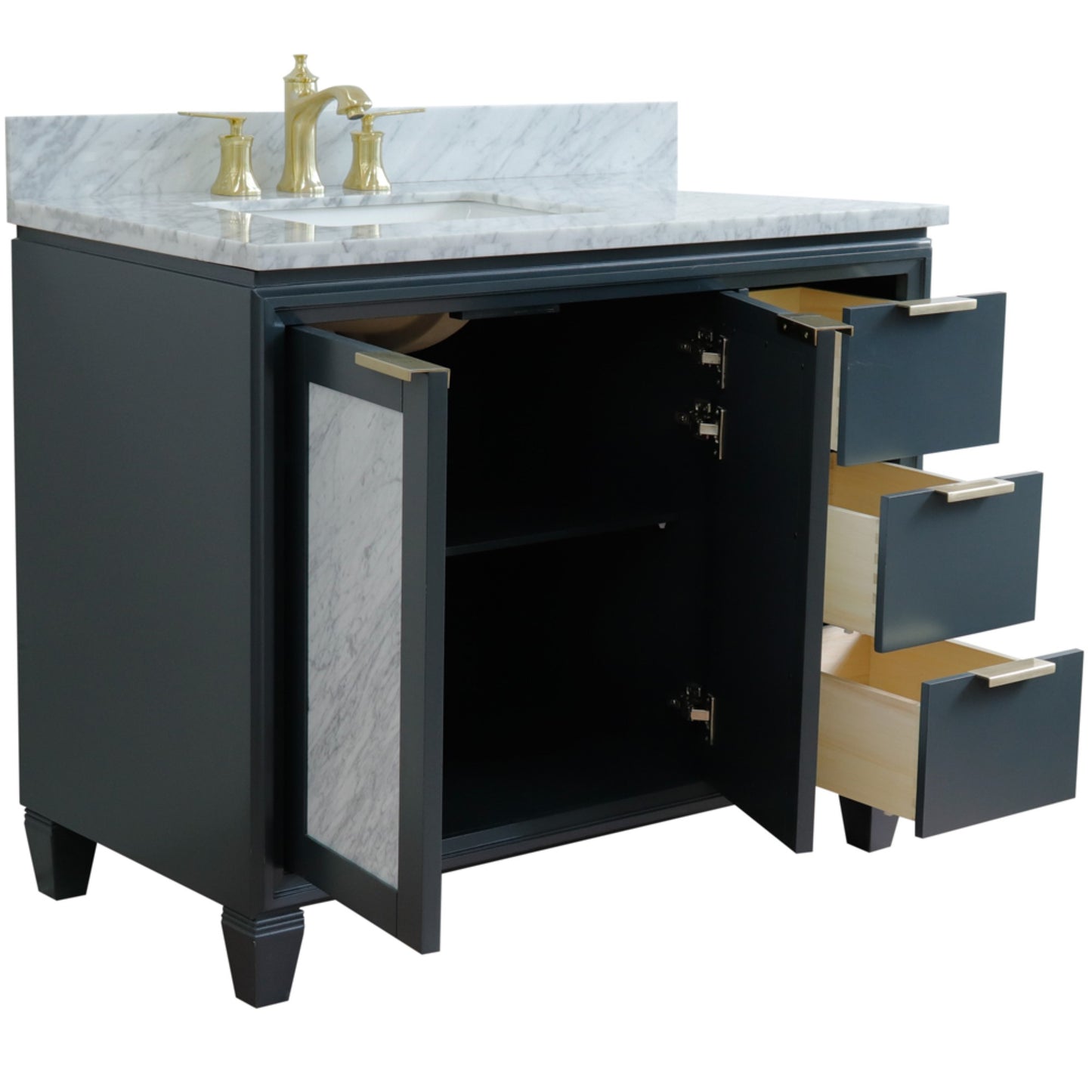 43" Single vanity in Dark Gray finish with White Carrara and rectangle sink Left door/Left sink