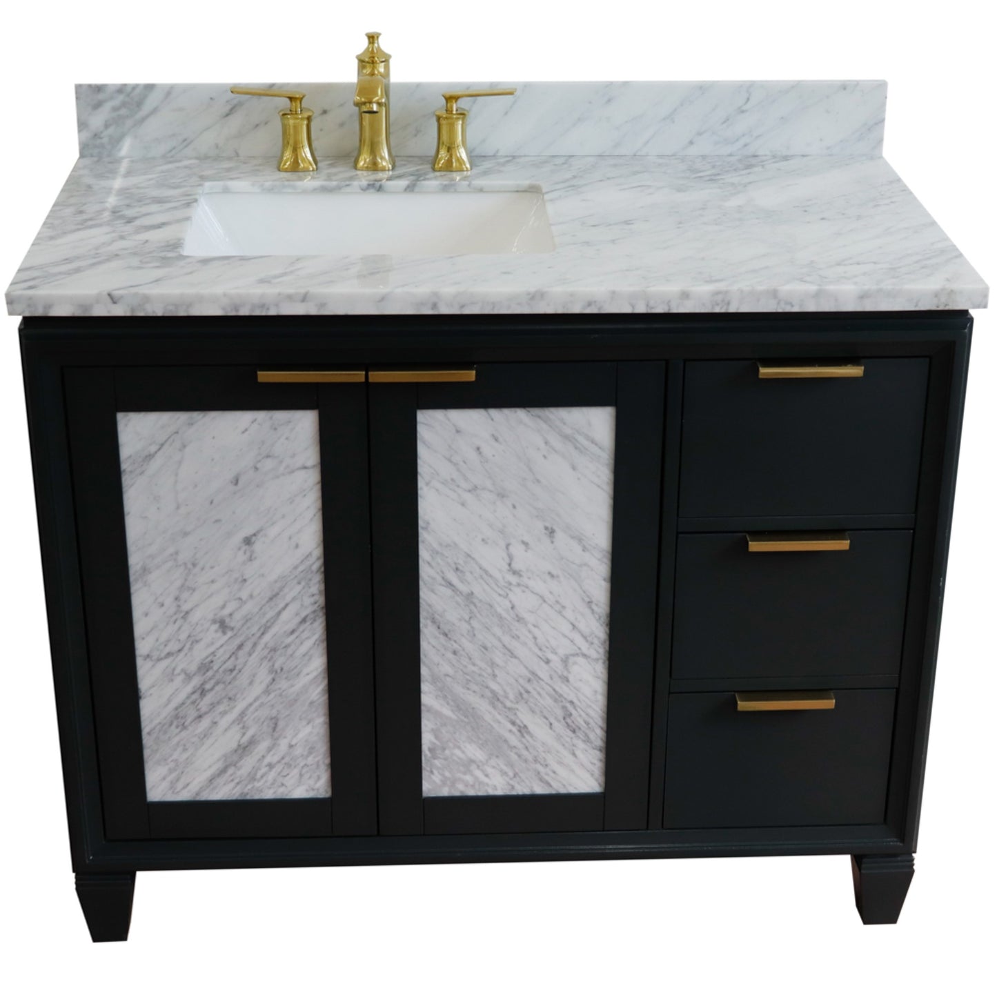 43" Single vanity in Dark Gray finish with White Carrara and rectangle sink Left door/Left sink