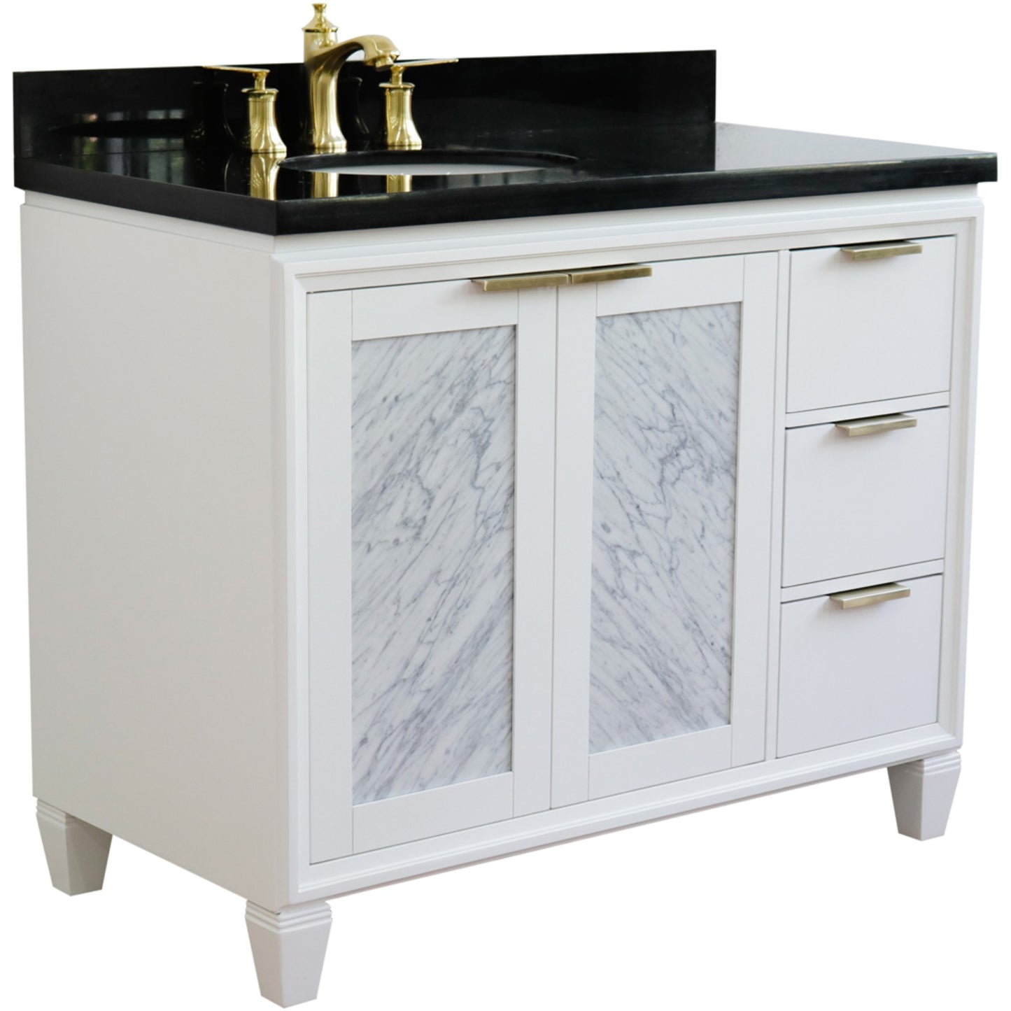 43" Single vanity in White finish with Black galaxy and oval sink Left door/Left sink