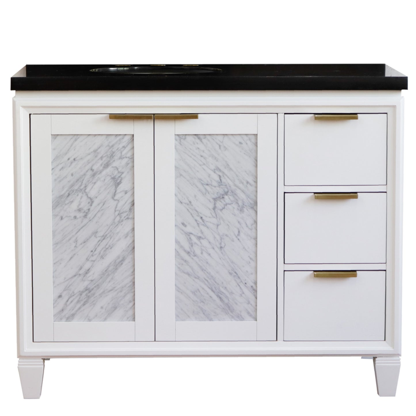 43" Single vanity in White finish with Black galaxy and oval sink Left door/Left sink