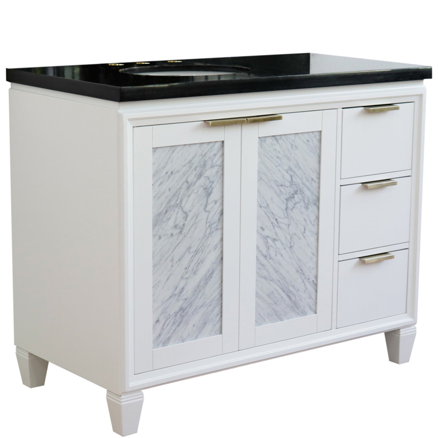 43" Single vanity in White finish with Black galaxy and oval sink Left door/Left sink