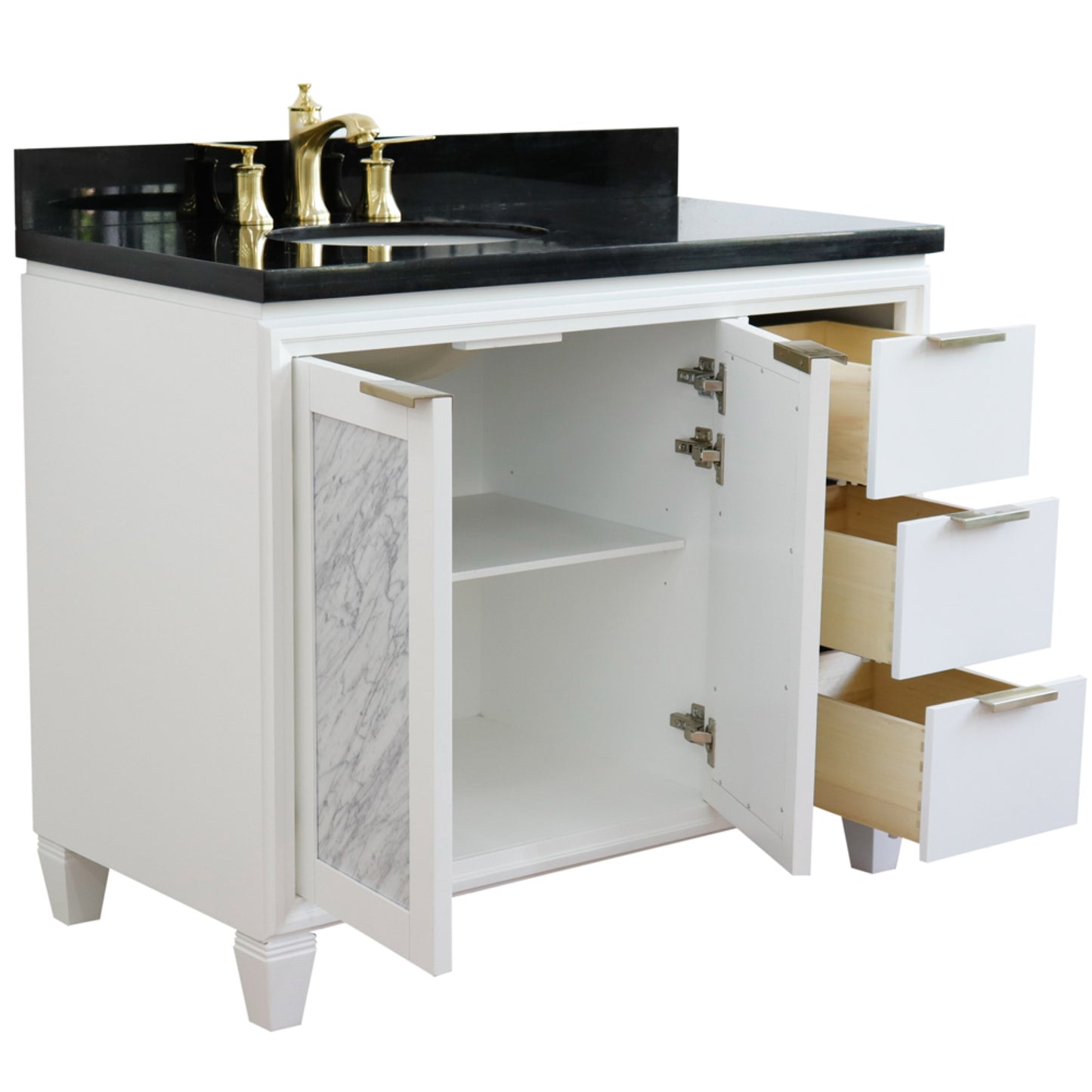 43" Single vanity in White finish with Black galaxy and oval sink Left door/Left sink