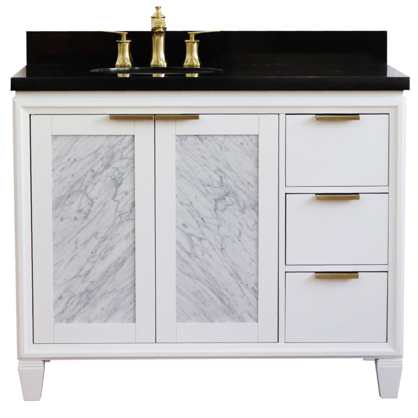 43" Single vanity in White finish with Black galaxy and oval sink Left door/Left sink