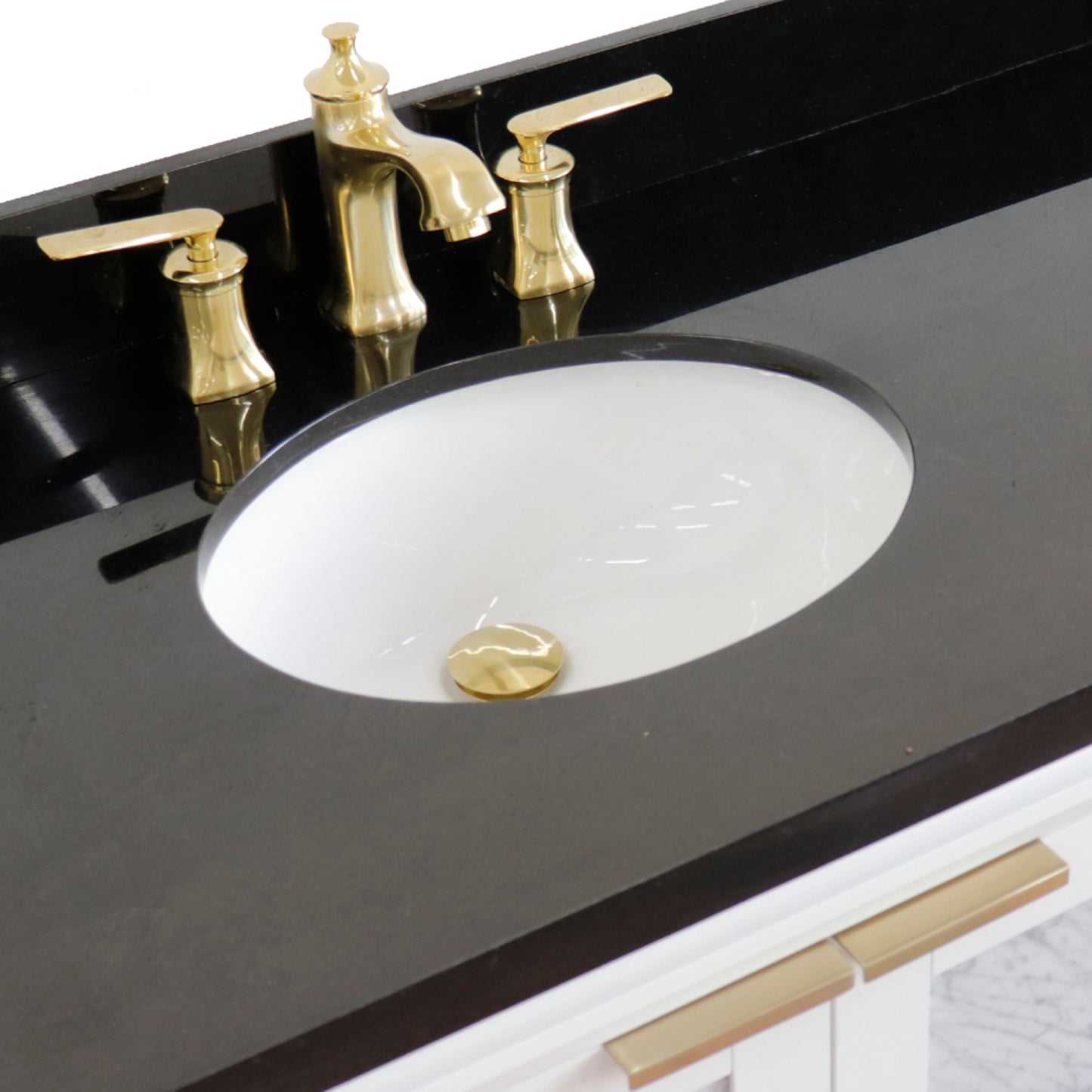 43" Single vanity in White finish with Black galaxy and oval sink Left door/Left sink