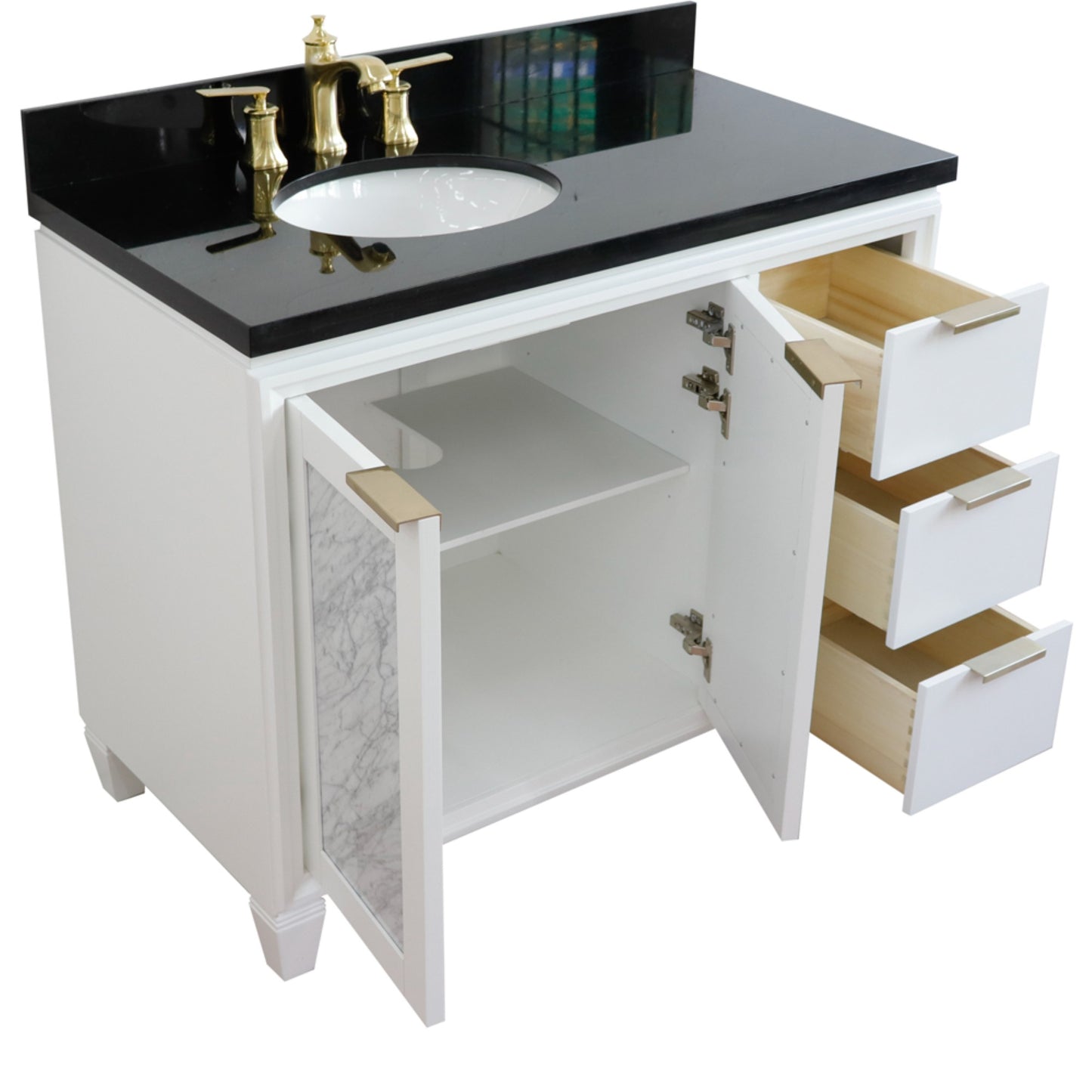 43" Single vanity in White finish with Black galaxy and oval sink Left door/Left sink
