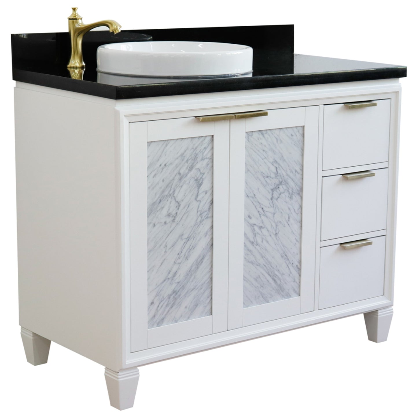 43" Single vanity in White finish with Black galaxy and round sink Left door/Left sink