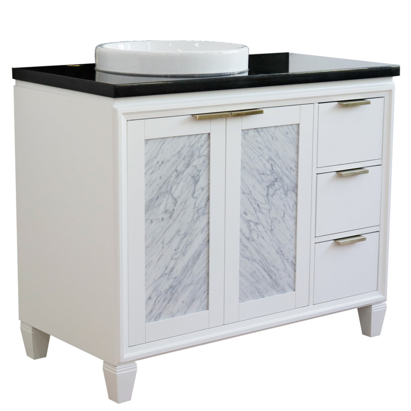43" Single vanity in White finish with Black galaxy and round sink Left door/Left sink