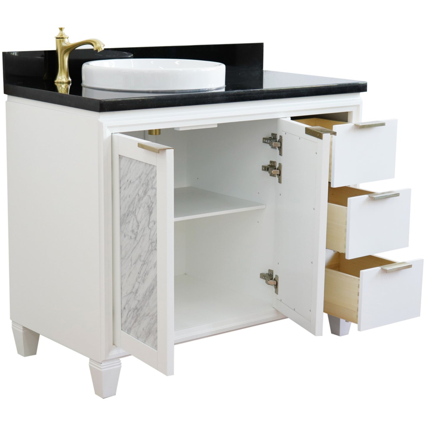 43" Single vanity in White finish with Black galaxy and round sink Left door/Left sink