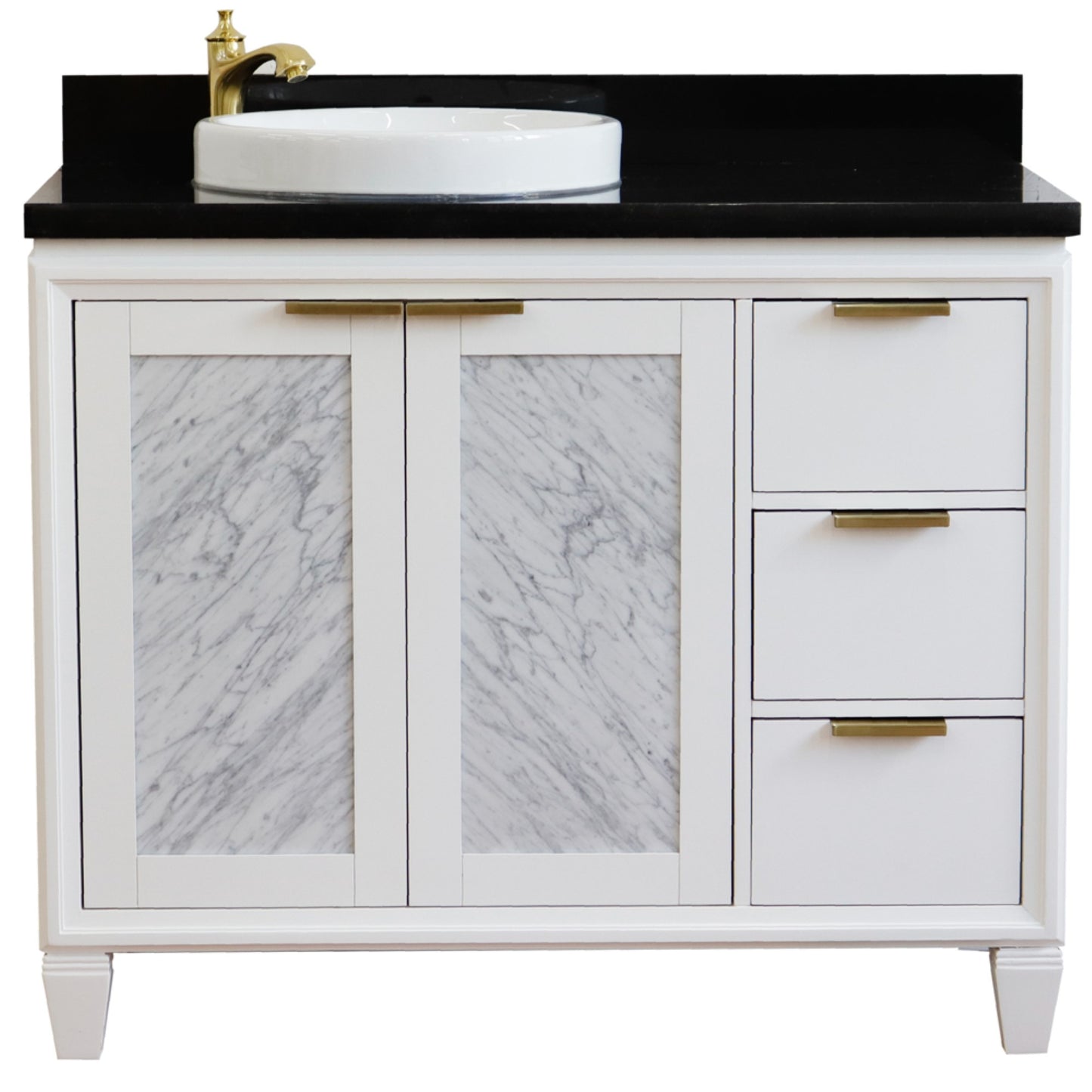 43" Single vanity in White finish with Black galaxy and round sink Left door/Left sink