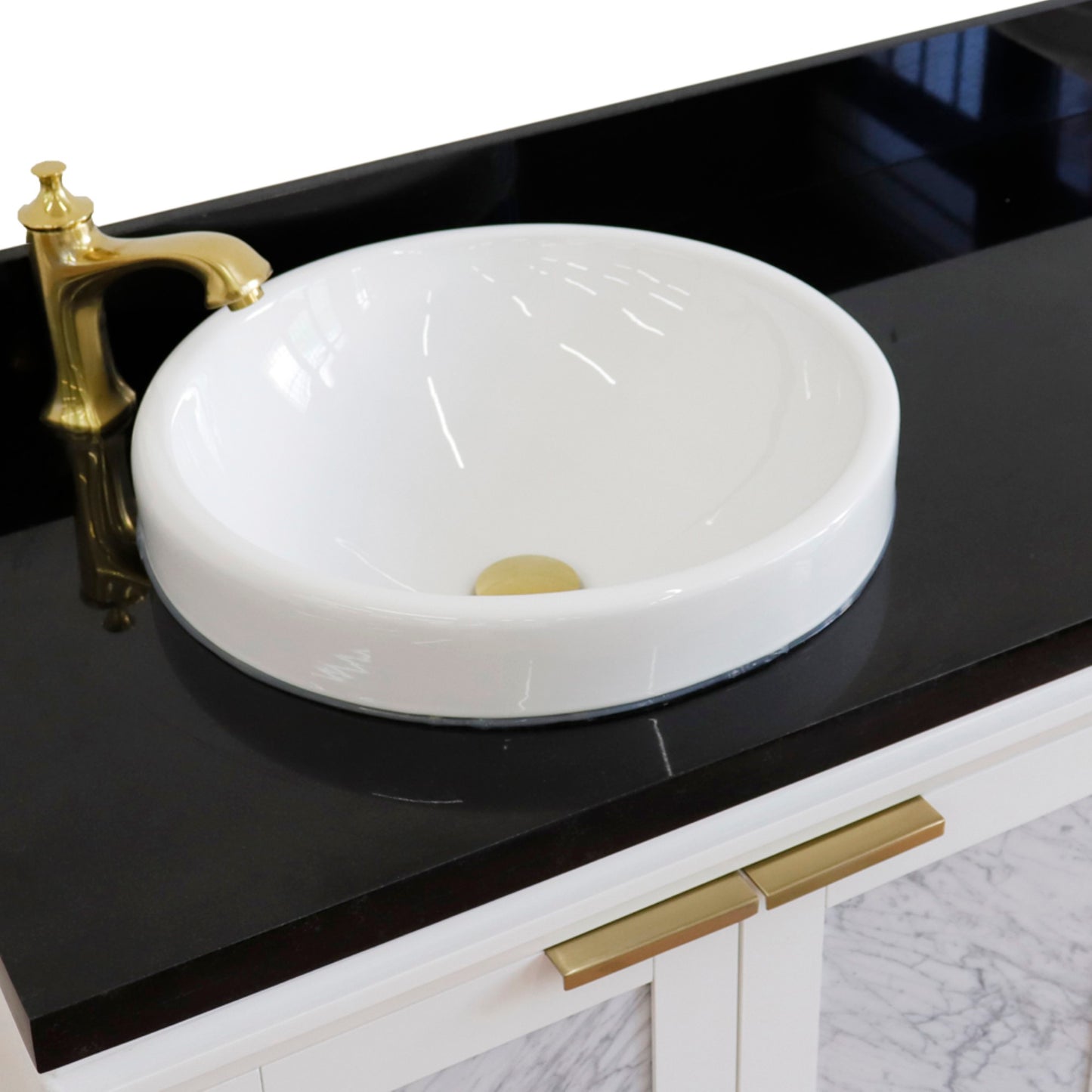 43" Single vanity in White finish with Black galaxy and round sink Left door/Left sink