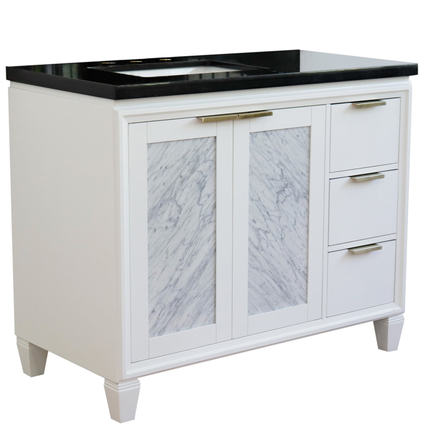 43" Single vanity in White finish with Black galaxy and rectangle sink Left door/Left sink