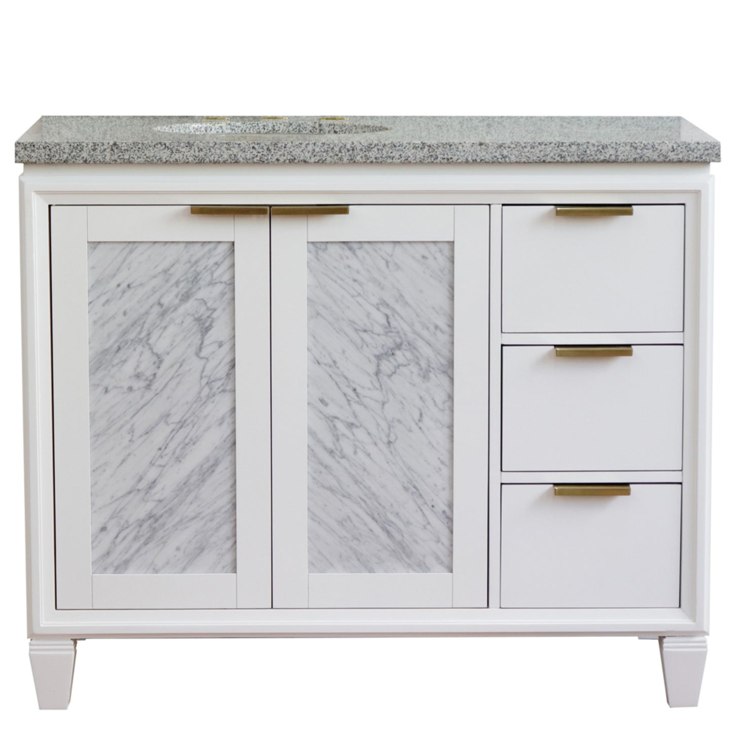 43" Single vanity in White finish with Gray granite and oval sink Left door/Left sink