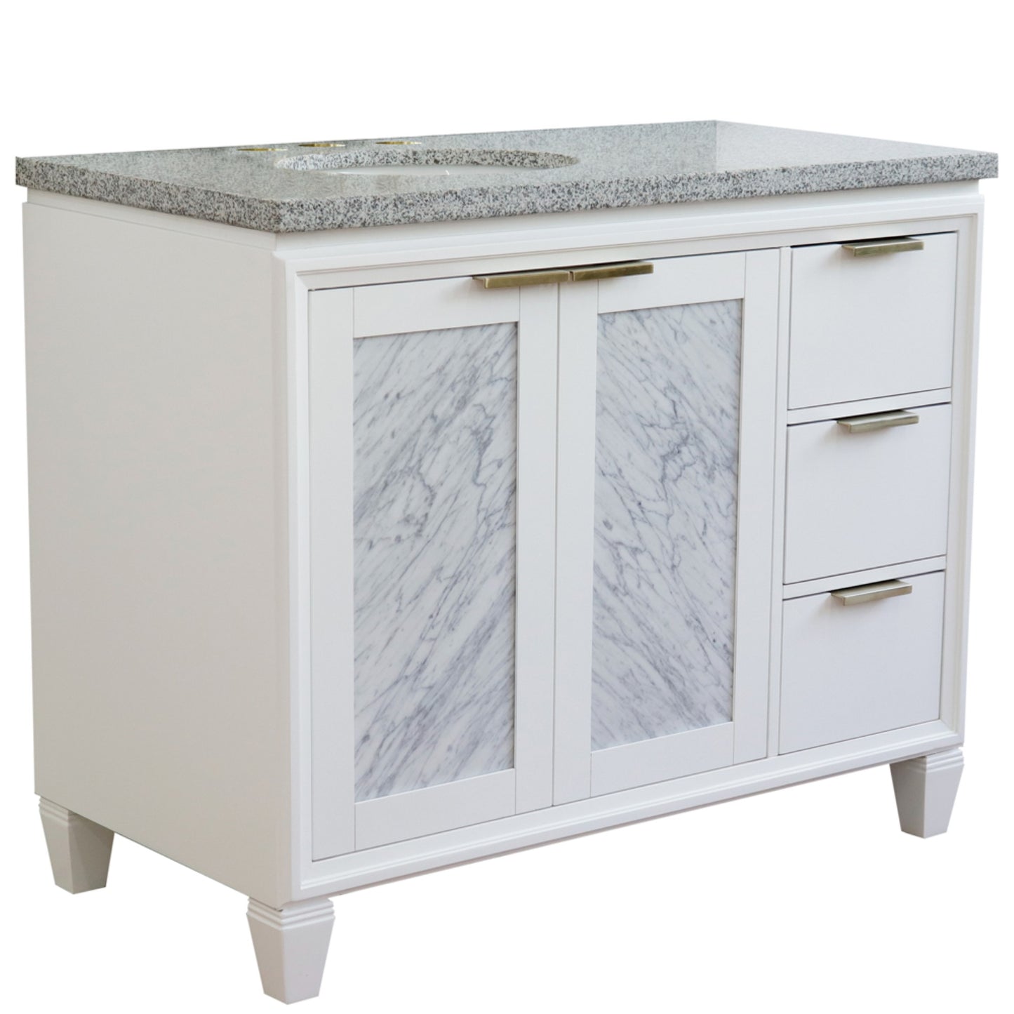 43" Single vanity in White finish with Gray granite and oval sink Left door/Left sink