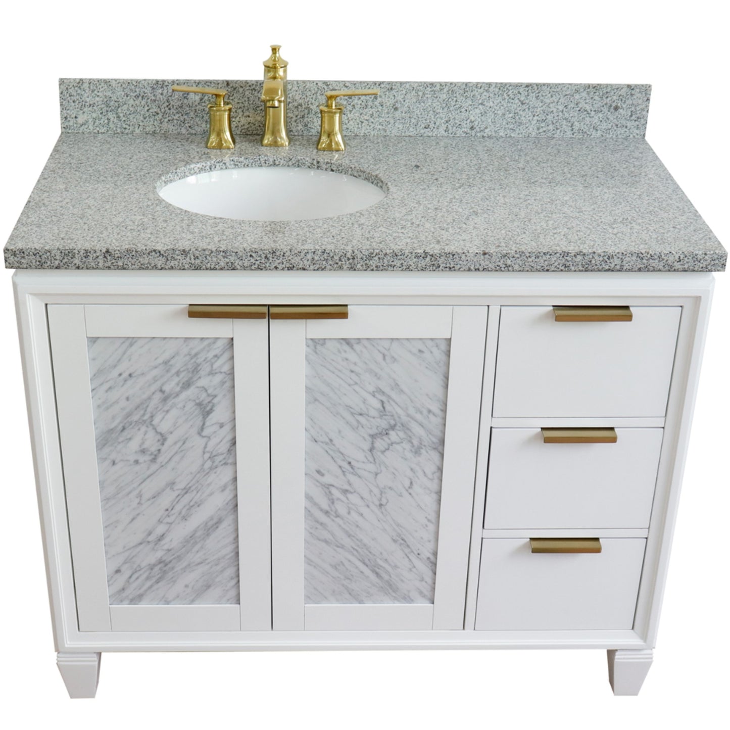 43" Single vanity in White finish with Gray granite and oval sink Left door/Left sink