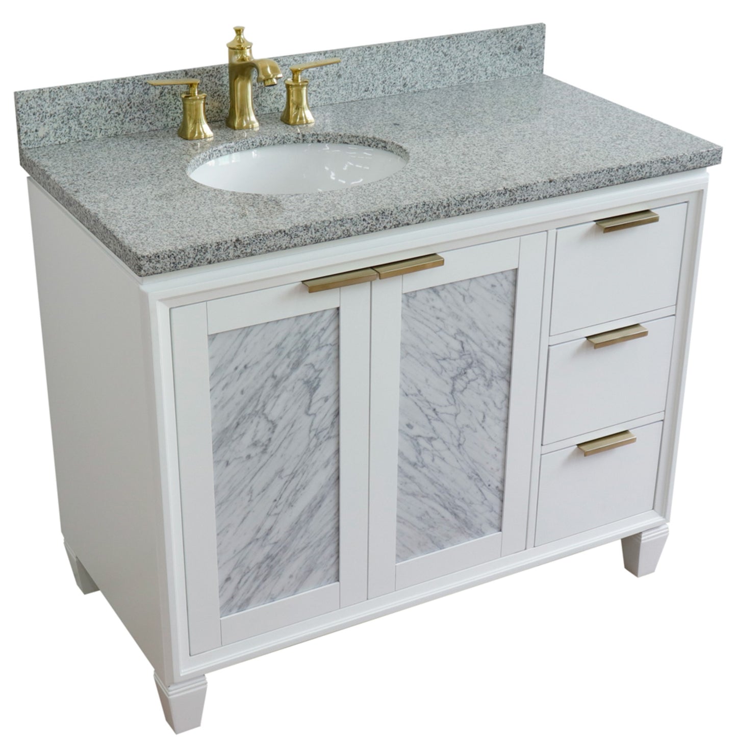 43" Single vanity in White finish with Gray granite and oval sink Left door/Left sink