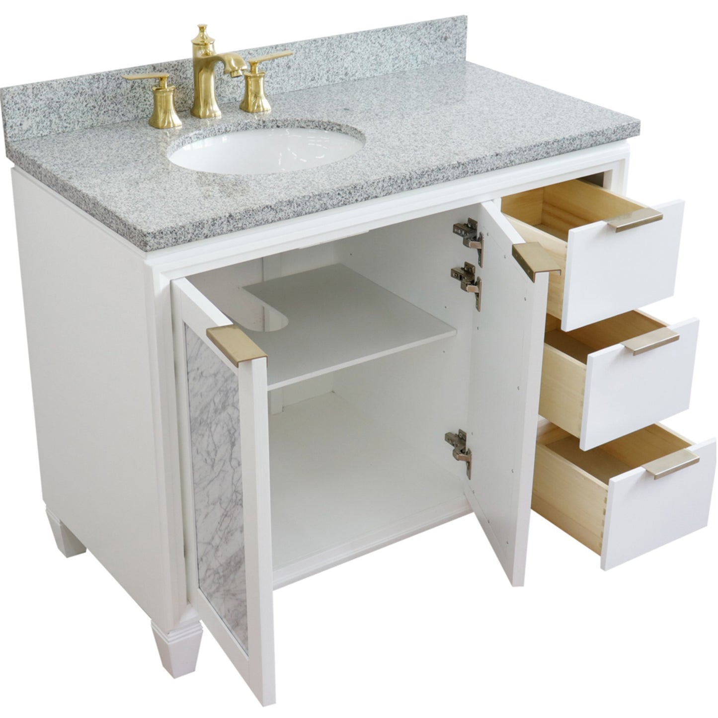 43" Single vanity in White finish with Gray granite and oval sink Left door/Left sink