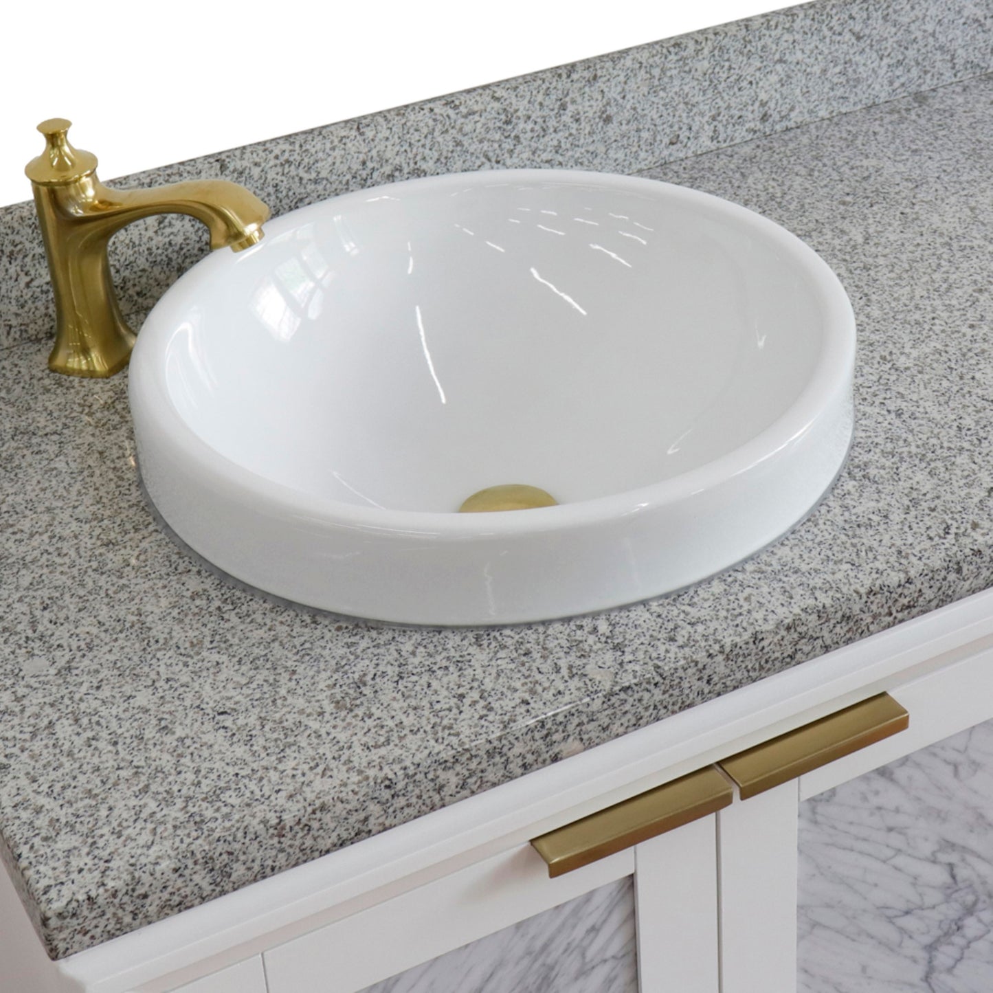 43" Single vanity in White finish with Gray granite and round sink Left door/Left sink