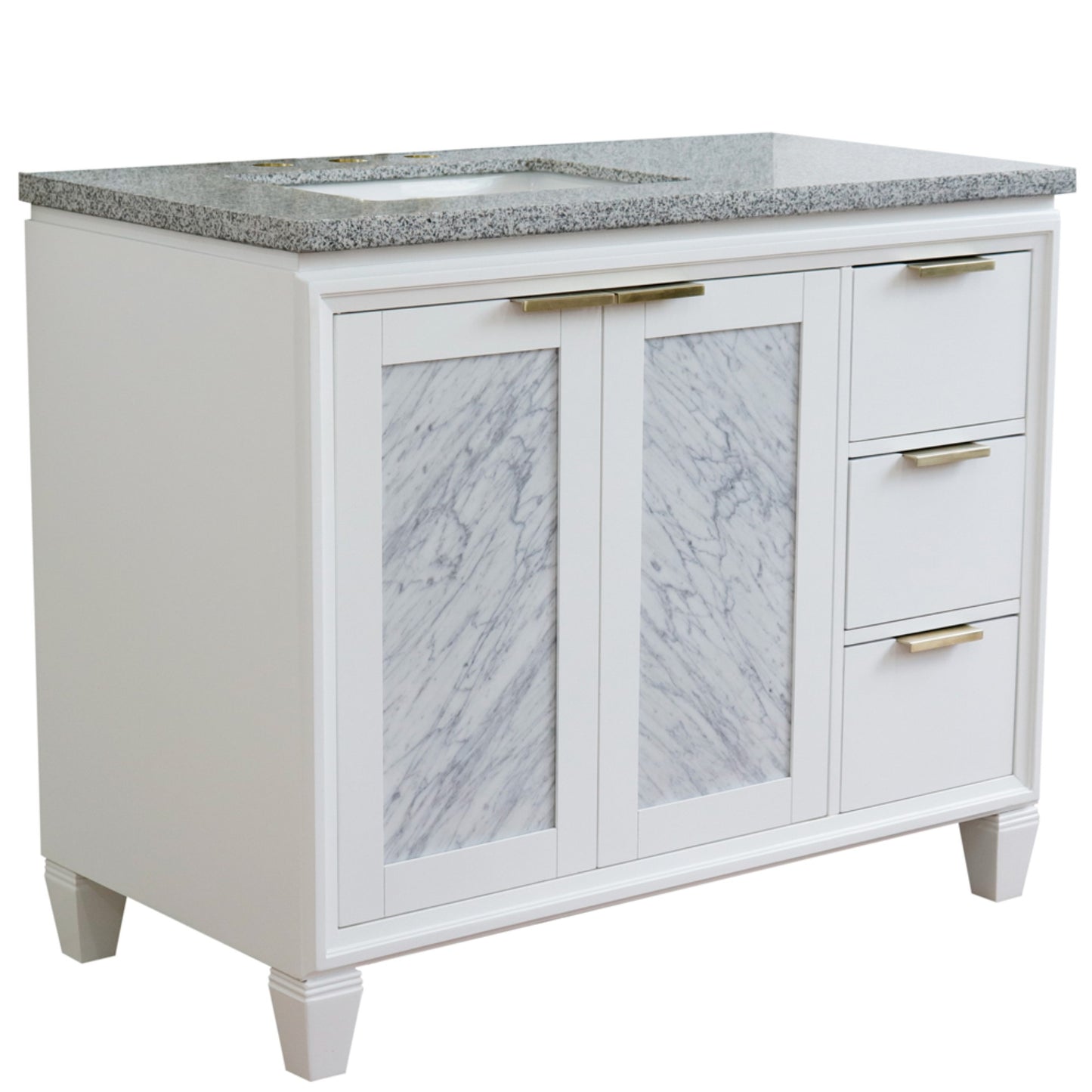 43" Single vanity in White finish with Gray granite and rectangle sink Left door/Left sink