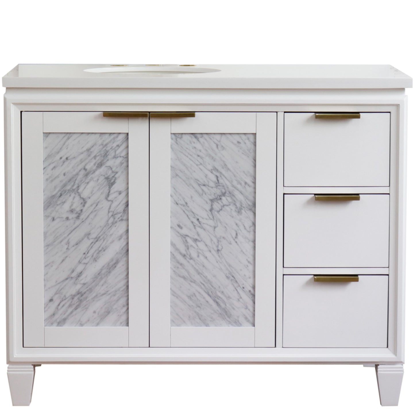 43" Single vanity in White finish with White engineered stone and oval sink Left door/Left sink