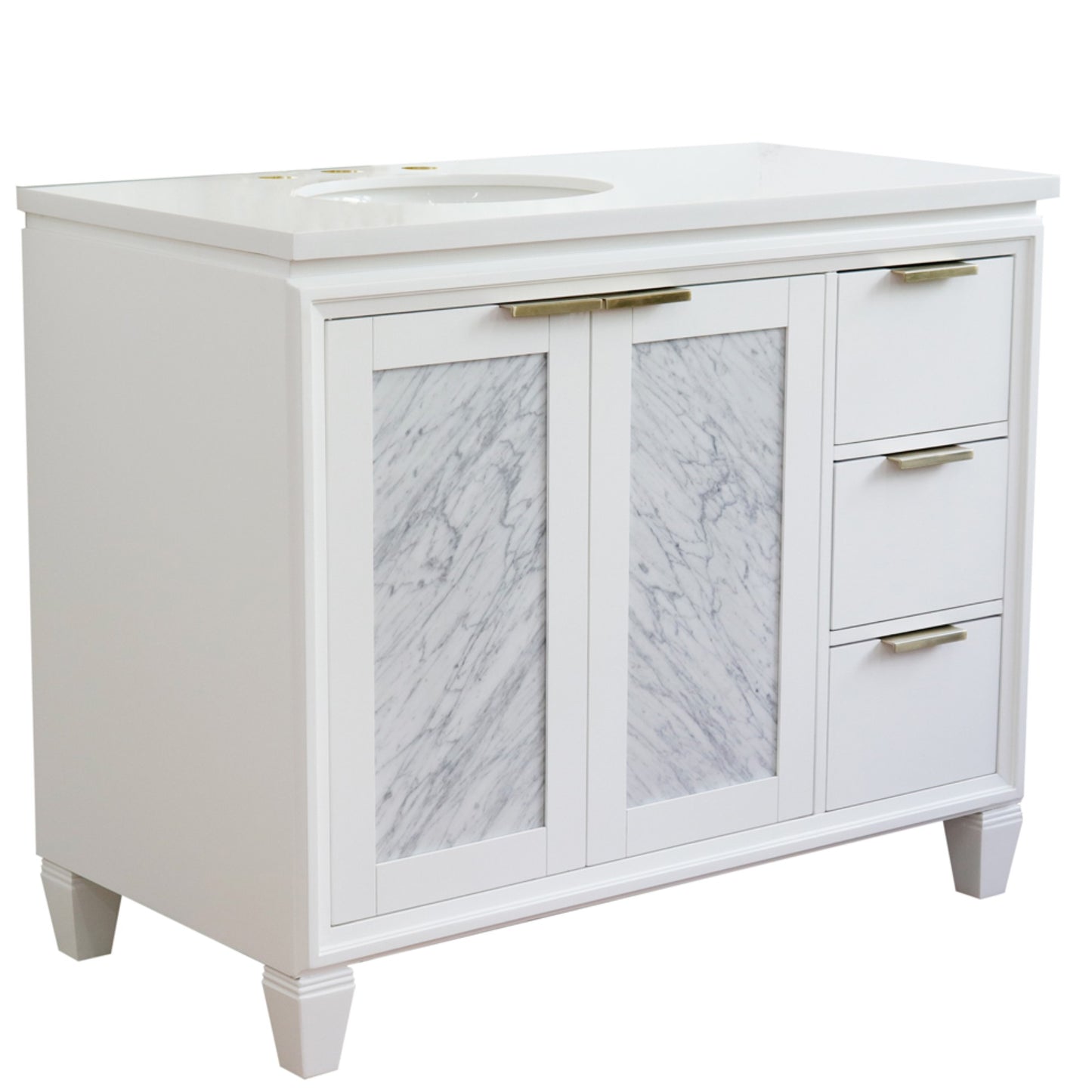 43" Single vanity in White finish with White engineered stone and oval sink Left door/Left sink