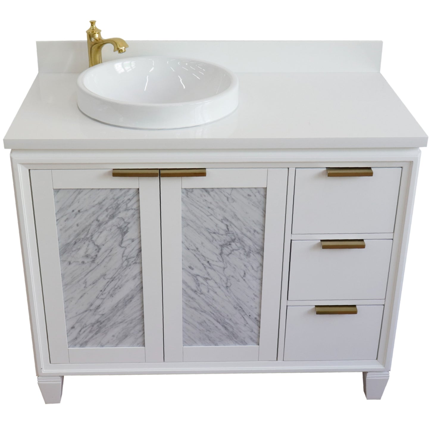 43" Single vanity in White finish with White engineered stone and round sink Left door/Left sink