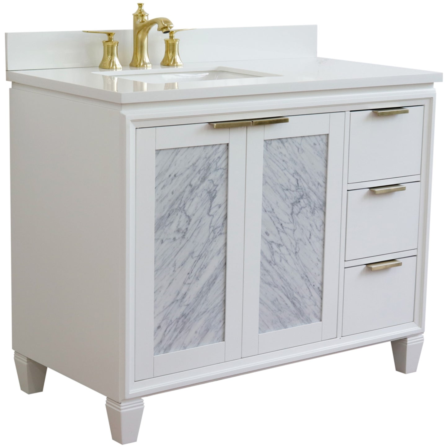 43" Single vanity in White finish with White engineered stone and rectangle sink Left door/Left sink