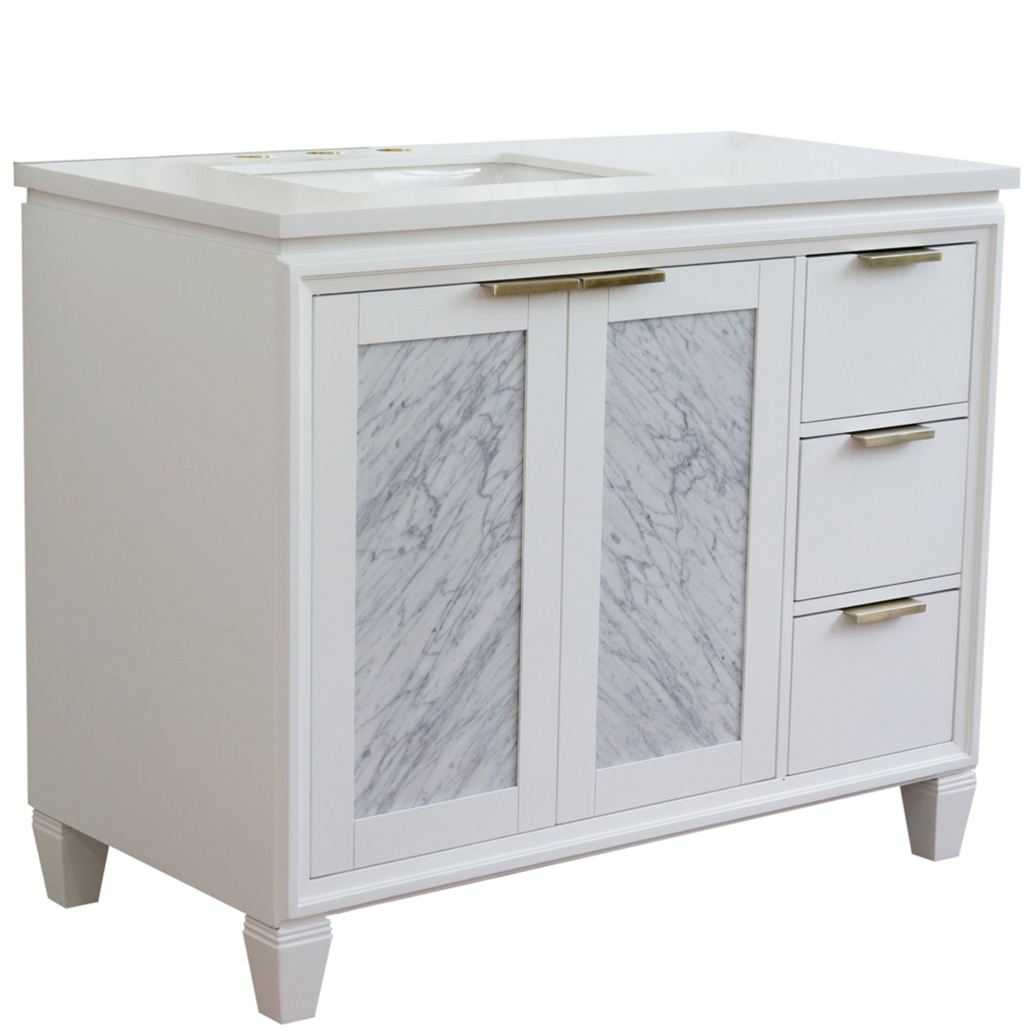 43" Single vanity in White finish with White engineered stone and rectangle sink Left door/Left sink