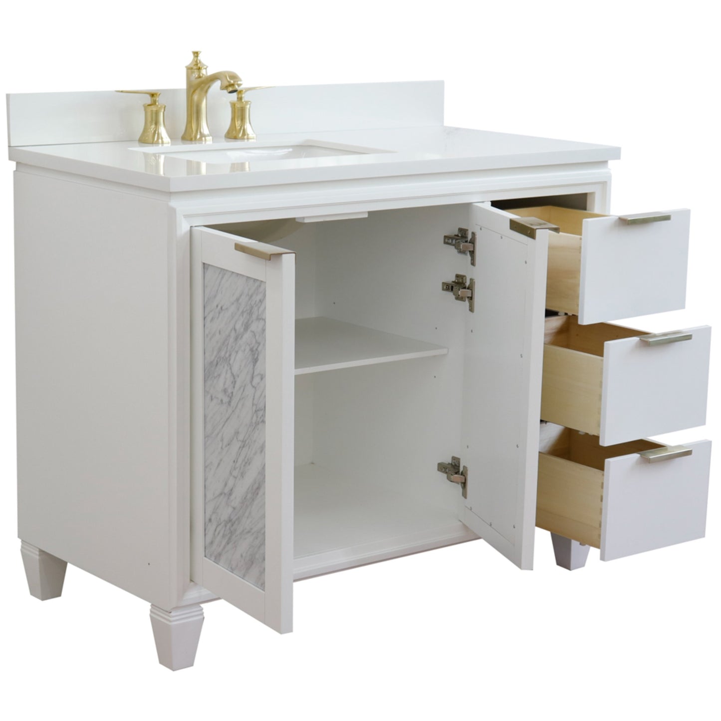 43" Single vanity in White finish with White engineered stone and rectangle sink Left door/Left sink