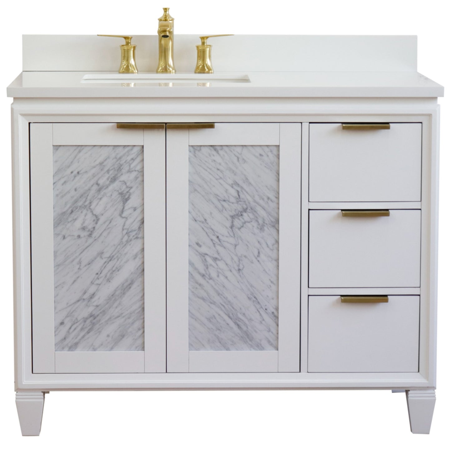 43" Single vanity in White finish with White engineered stone and rectangle sink Left door/Left sink
