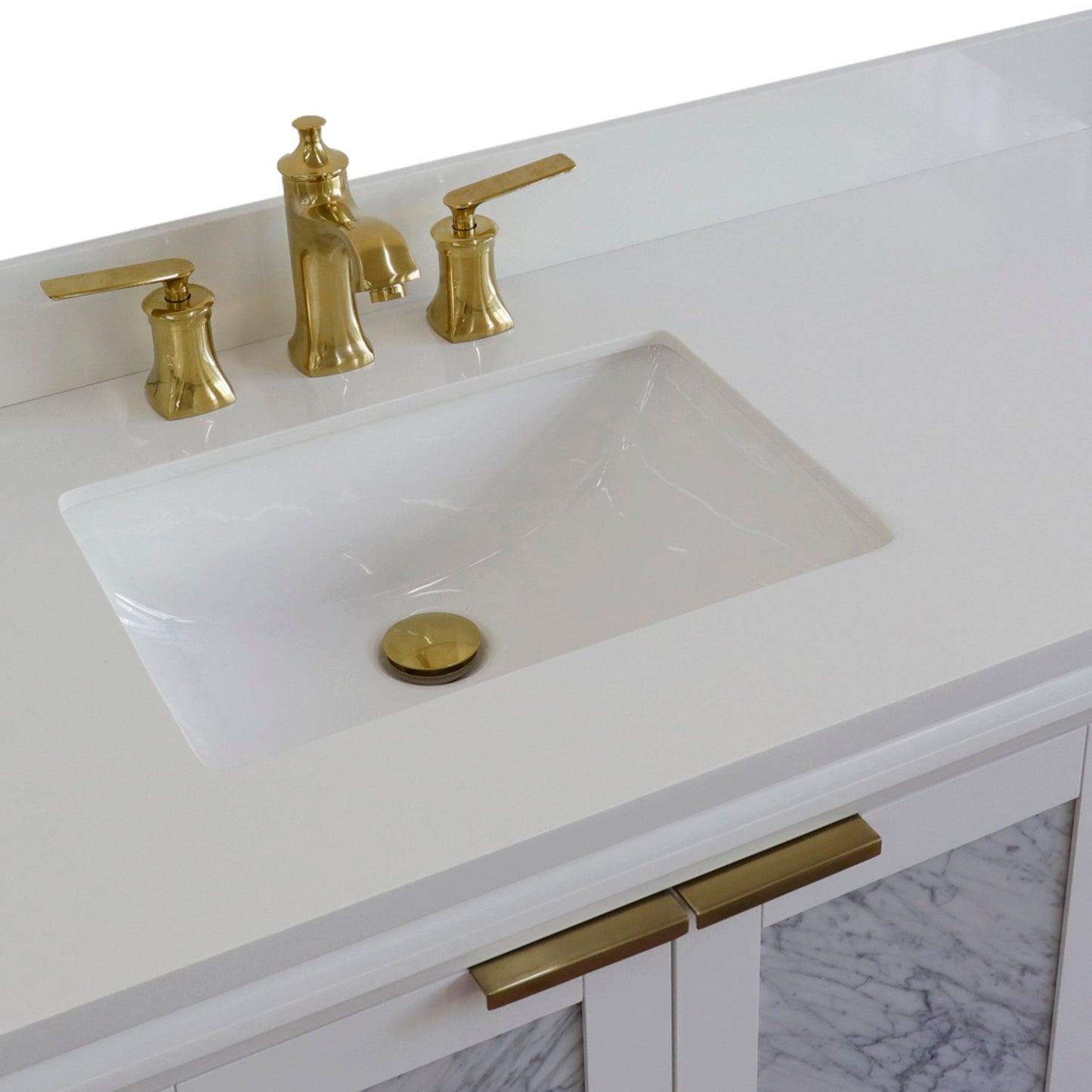 43" Single vanity in White finish with White engineered stone and rectangle sink Left door/Left sink
