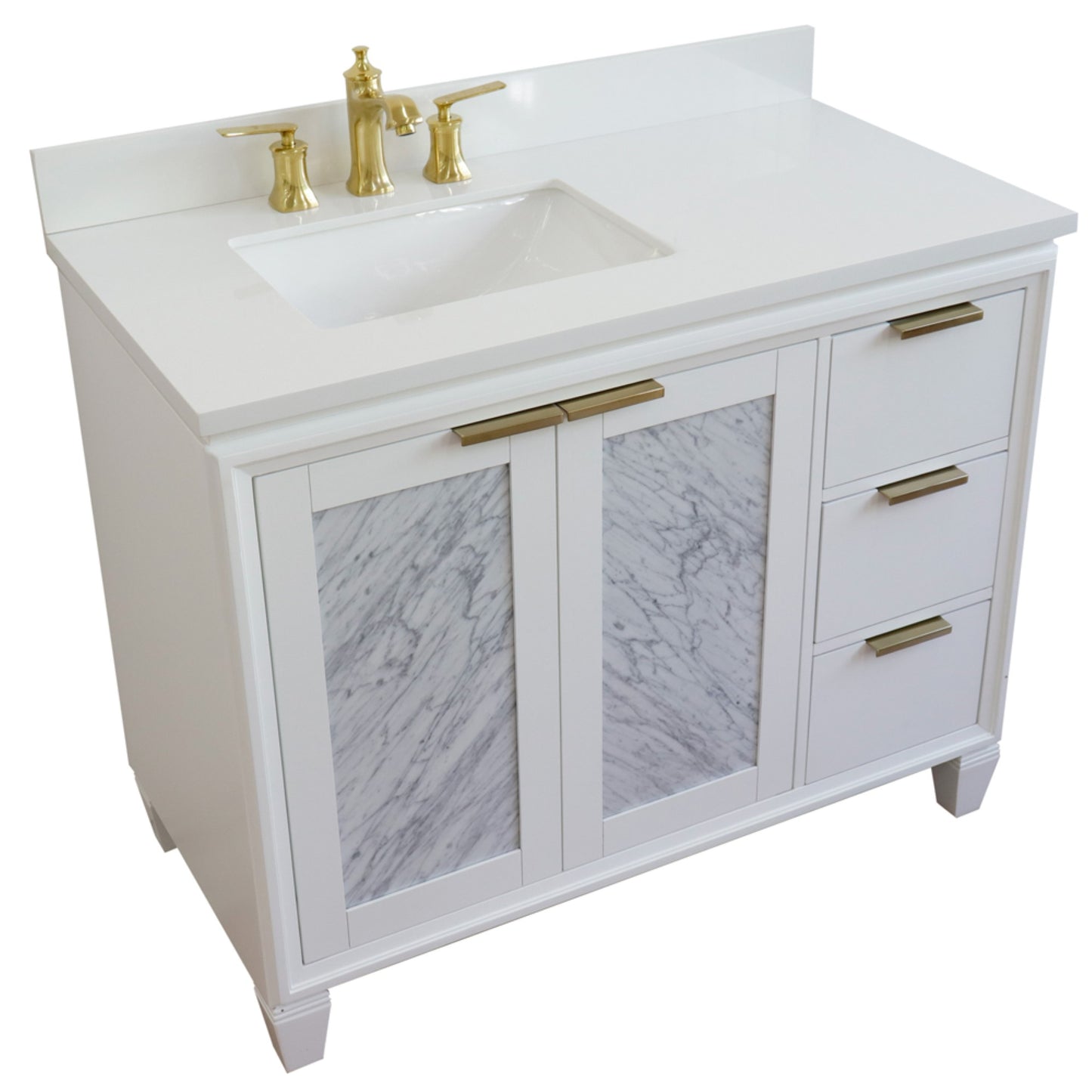 43" Single vanity in White finish with White engineered stone and rectangle sink Left door/Left sink