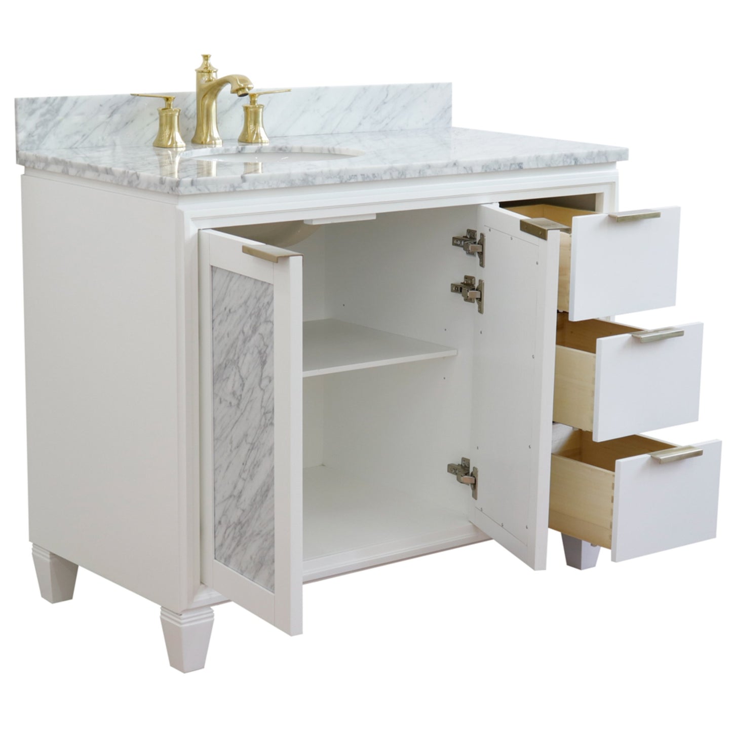 43" Single vanity in White finish with White Carrara and oval sink Left door/Left sink