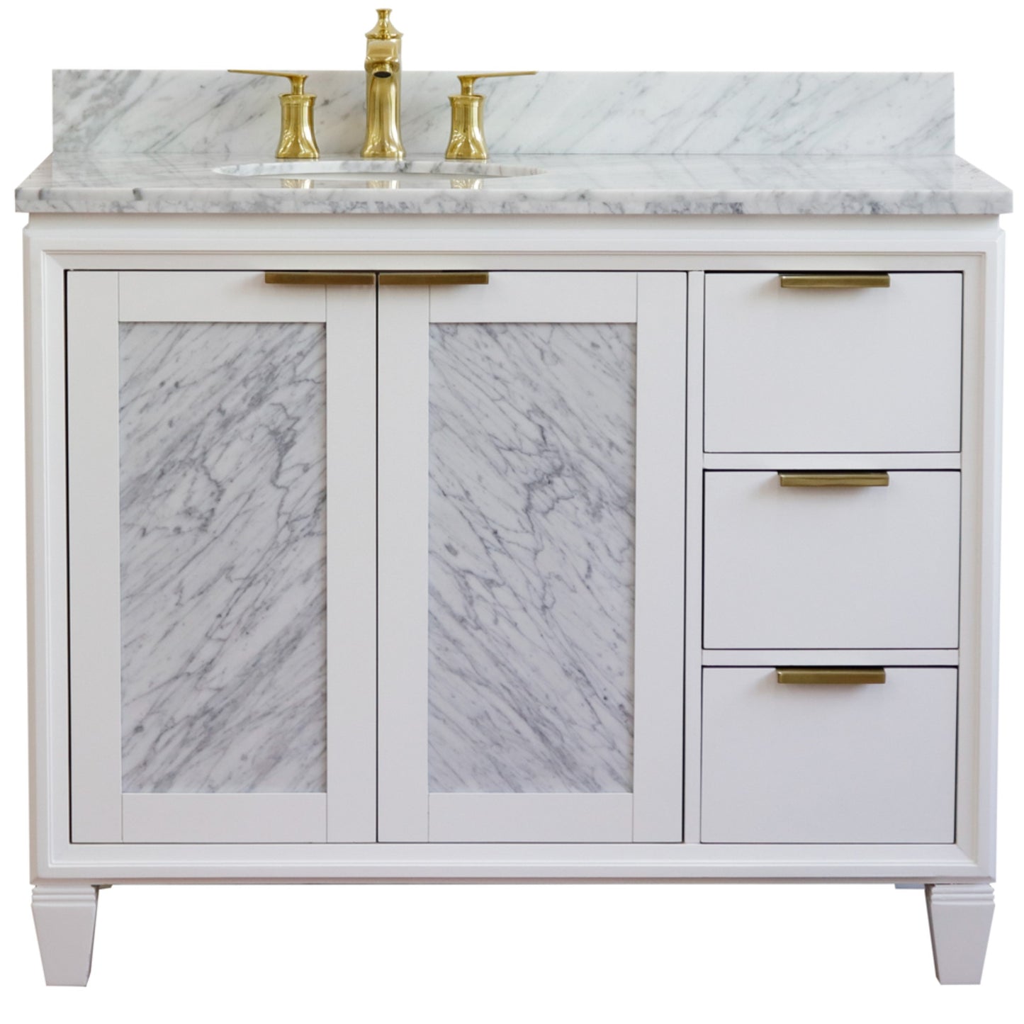 43" Single vanity in White finish with White Carrara and oval sink Left door/Left sink