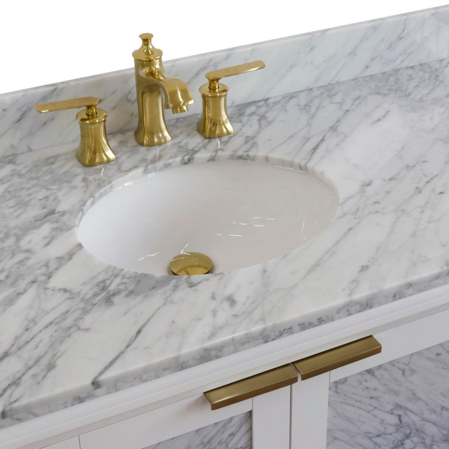43" Single vanity in White finish with White Carrara and oval sink Left door/Left sink
