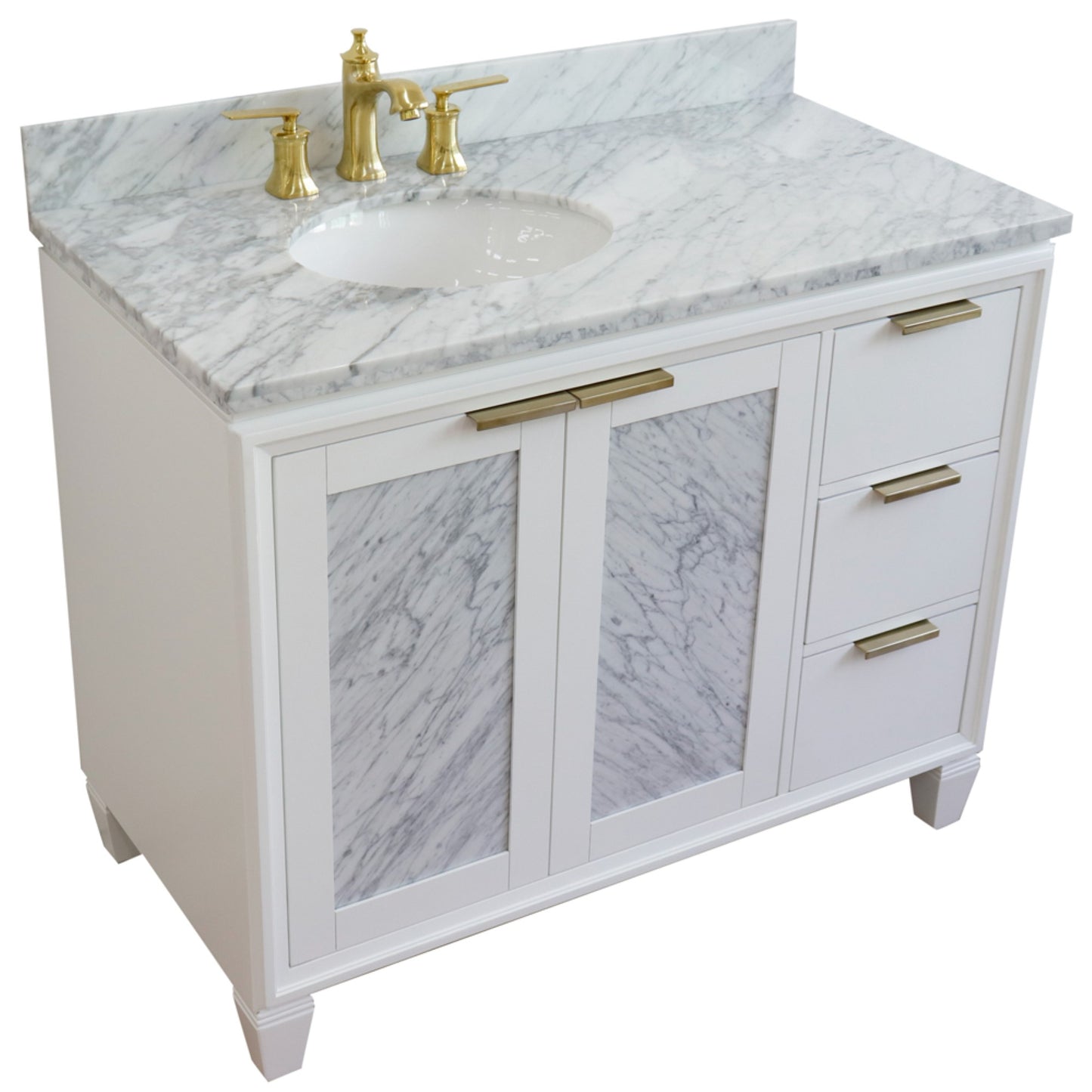 43" Single vanity in White finish with White Carrara and oval sink Left door/Left sink