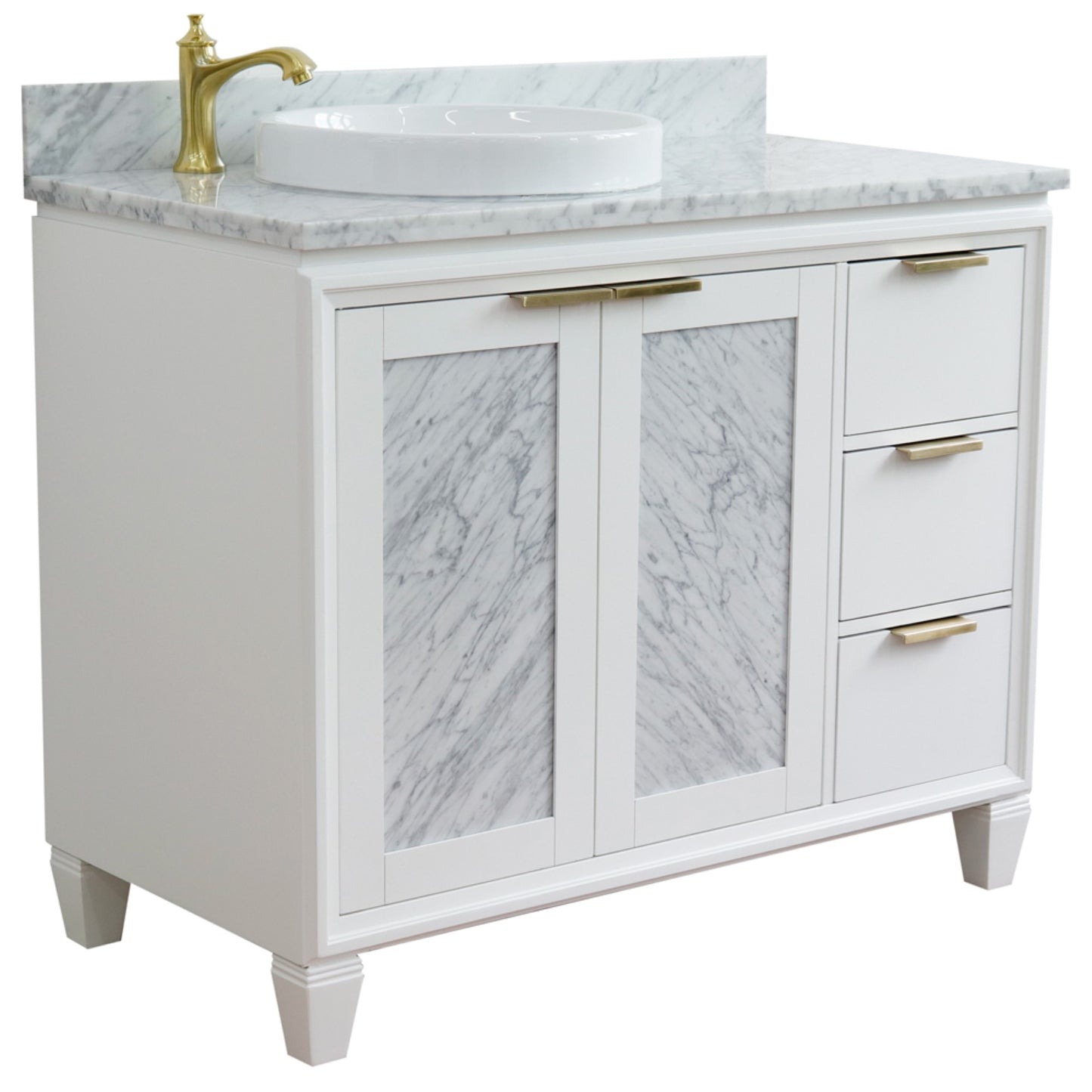 43" Single vanity in White finish with White Carrara and round sink Left door/Left sink